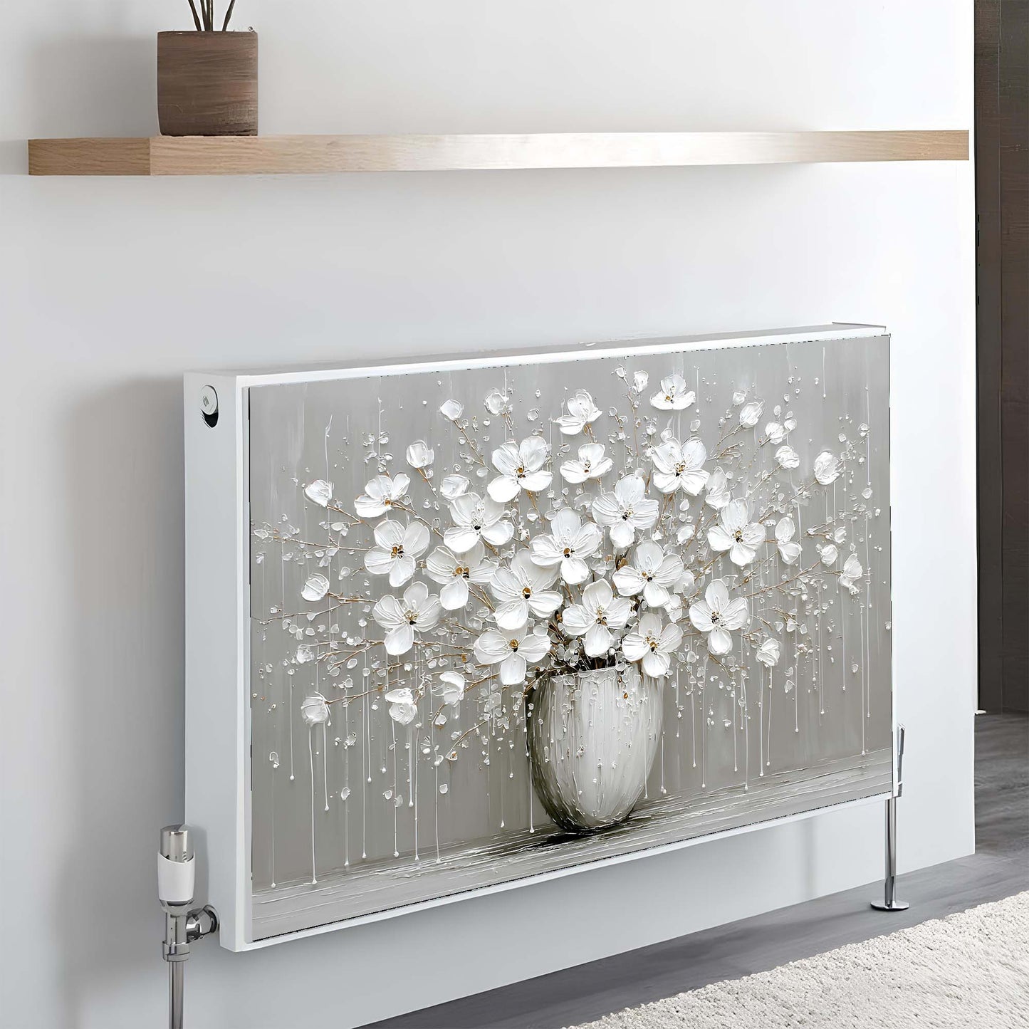 Decorative magnetic radiator cover with floral design on a wall