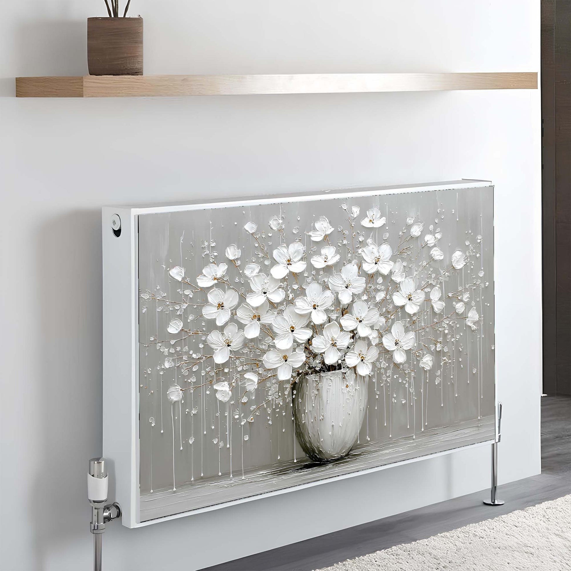 Decorative magnetic radiator cover with floral design on a wall