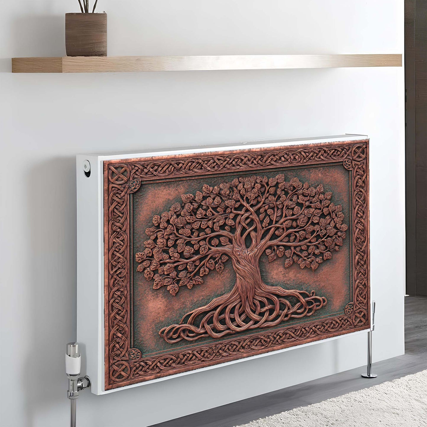 Decorative magnetic radiator cover with tree design on a wall