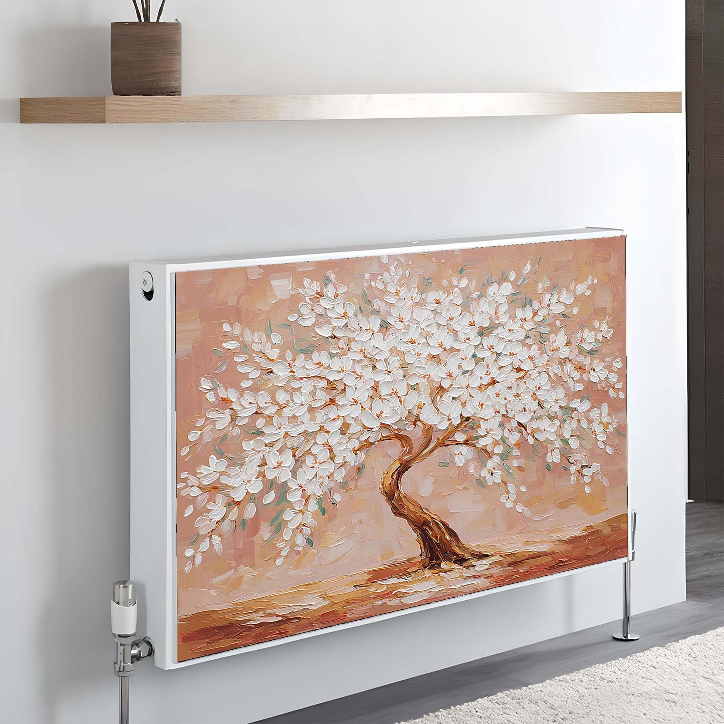 Decorative magnetic radiator cover with a tree design on a wall