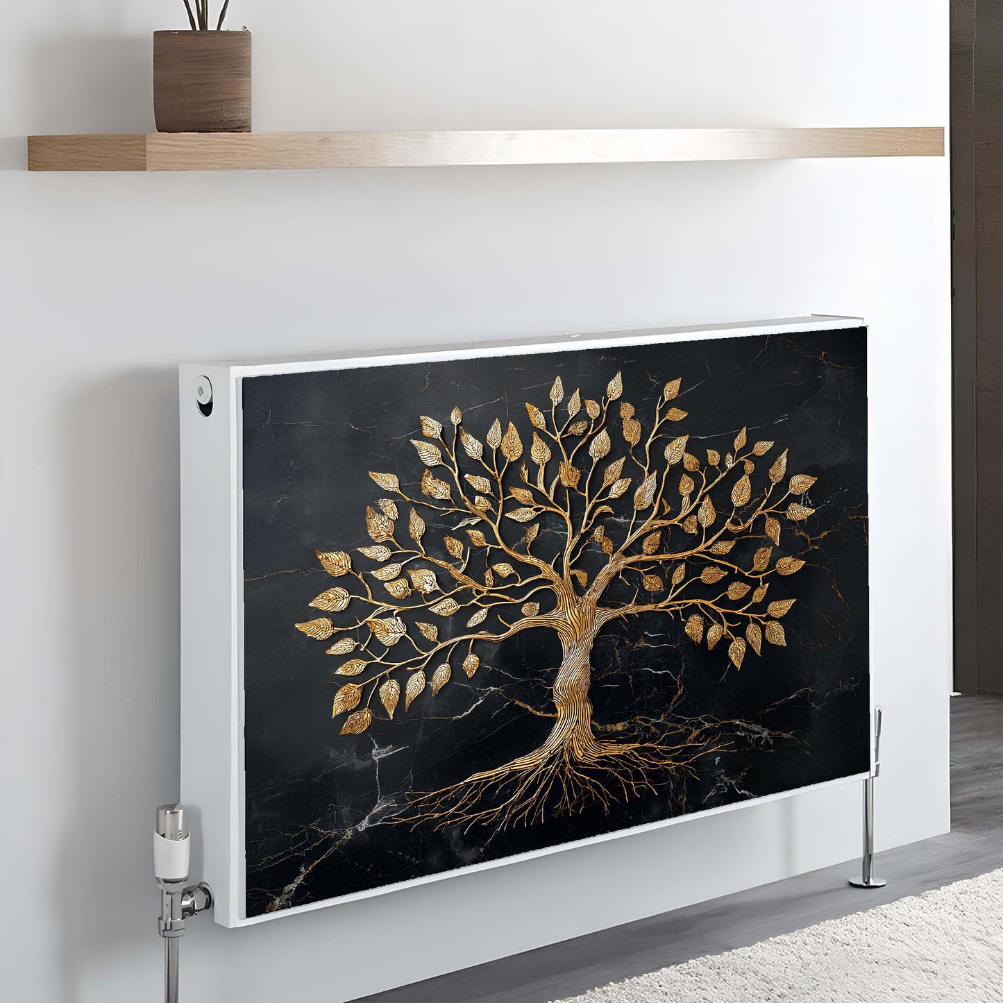 Decorative magnetic radiator cover with a tree design on a wall