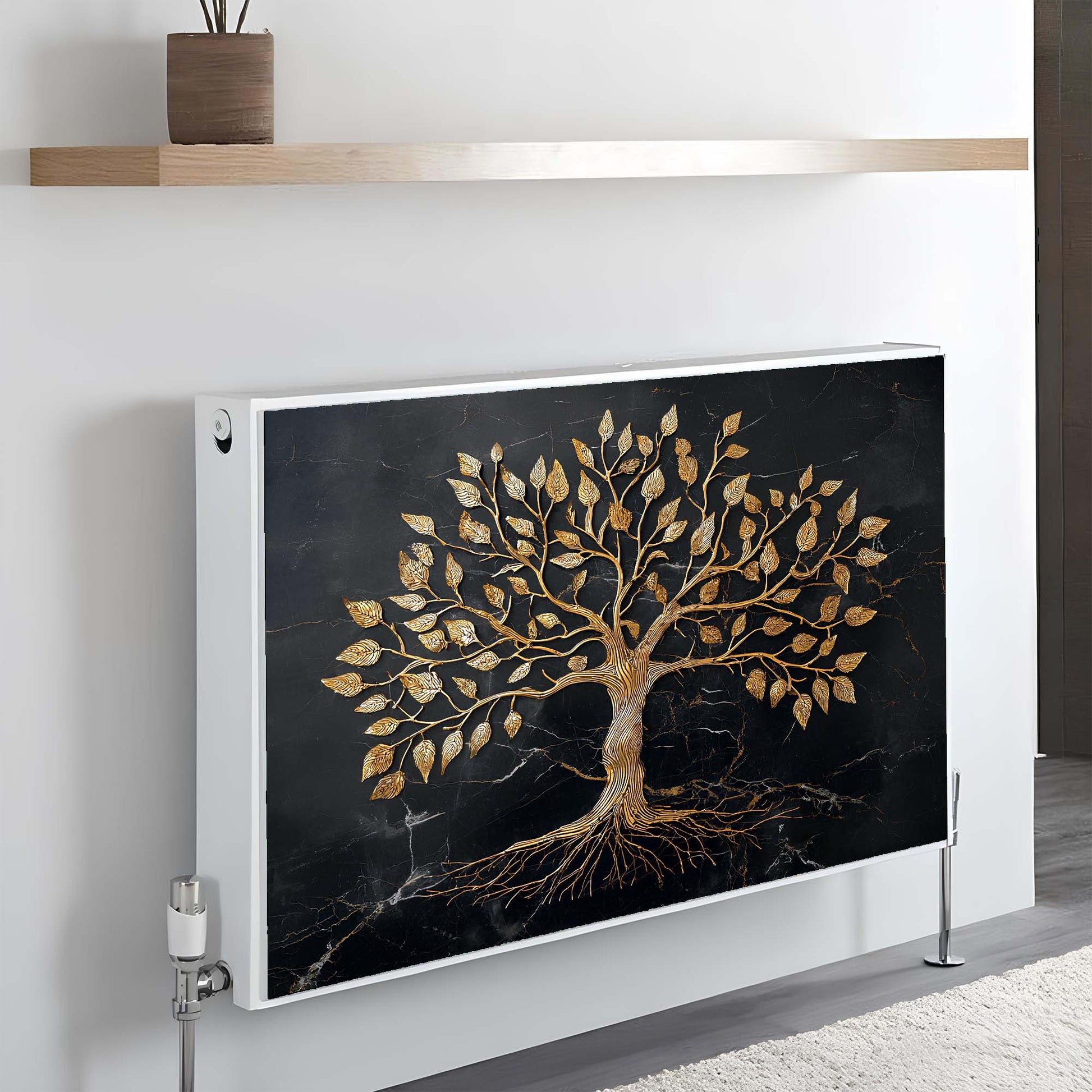Decorative magnetic radiator cover with a tree design on a wall