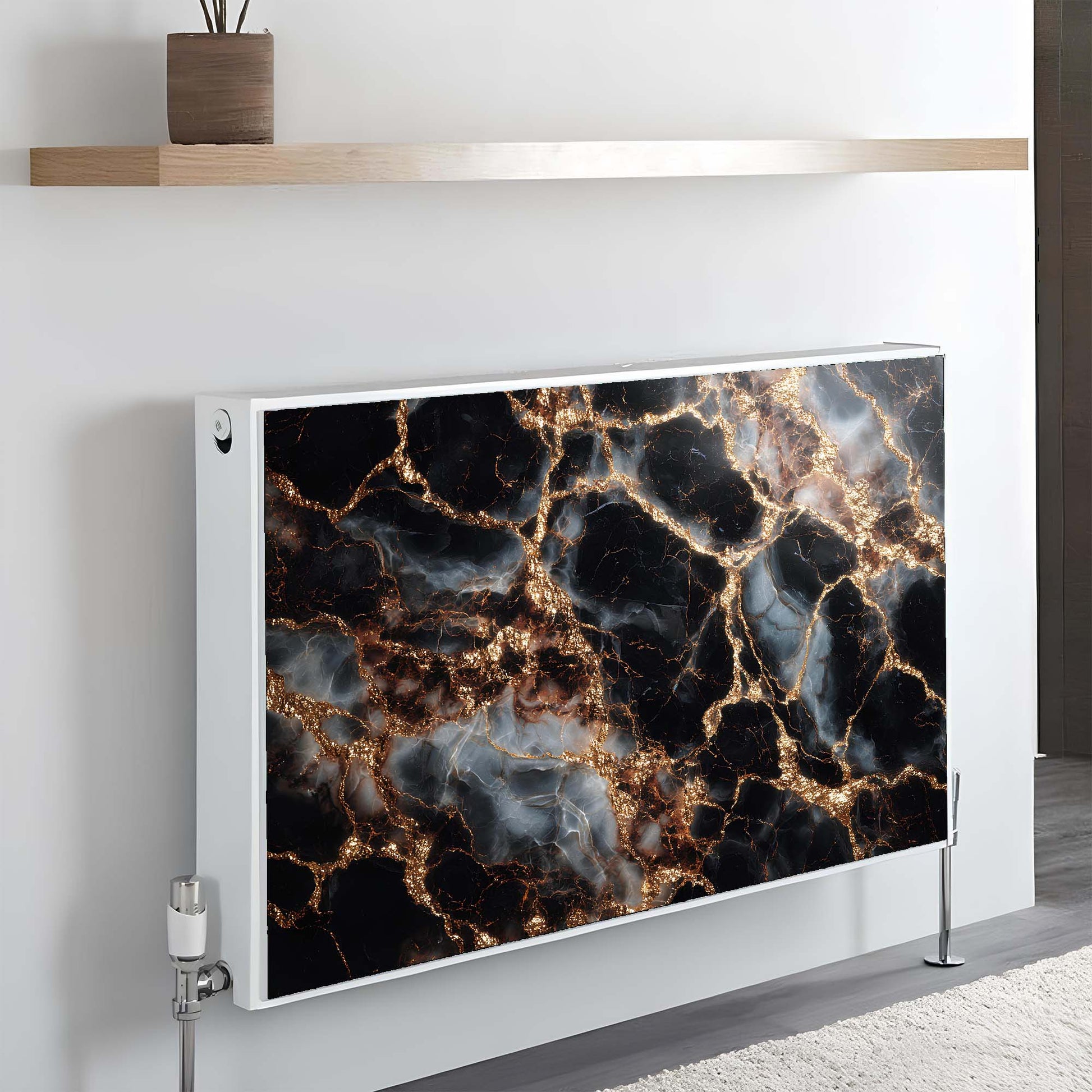 Marble-patterned magnetic radiator cover on a wall with a wooden shelf above