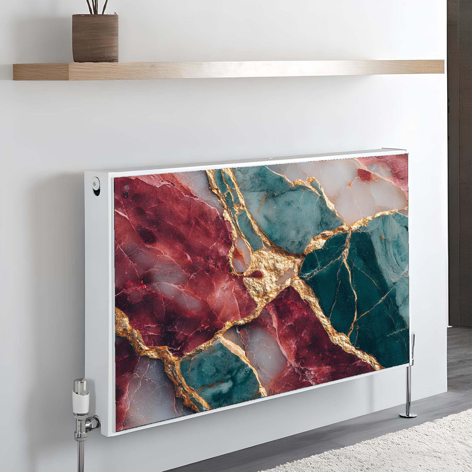 Marble-patterned magnetic radiator cover with colorful design on a wall.