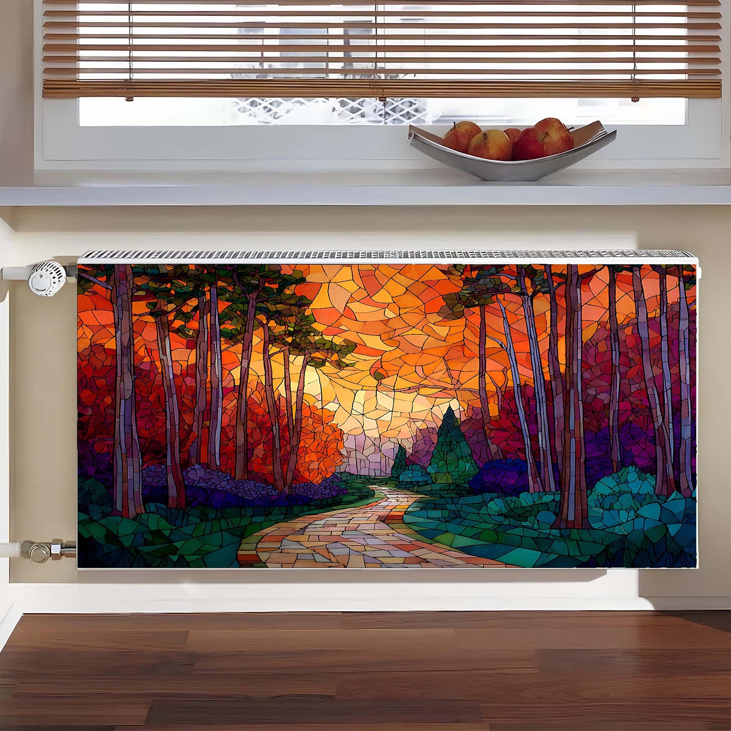 Decorative magnetic radiator cover with a colorful forest design in a room with a window and fruit bowl.