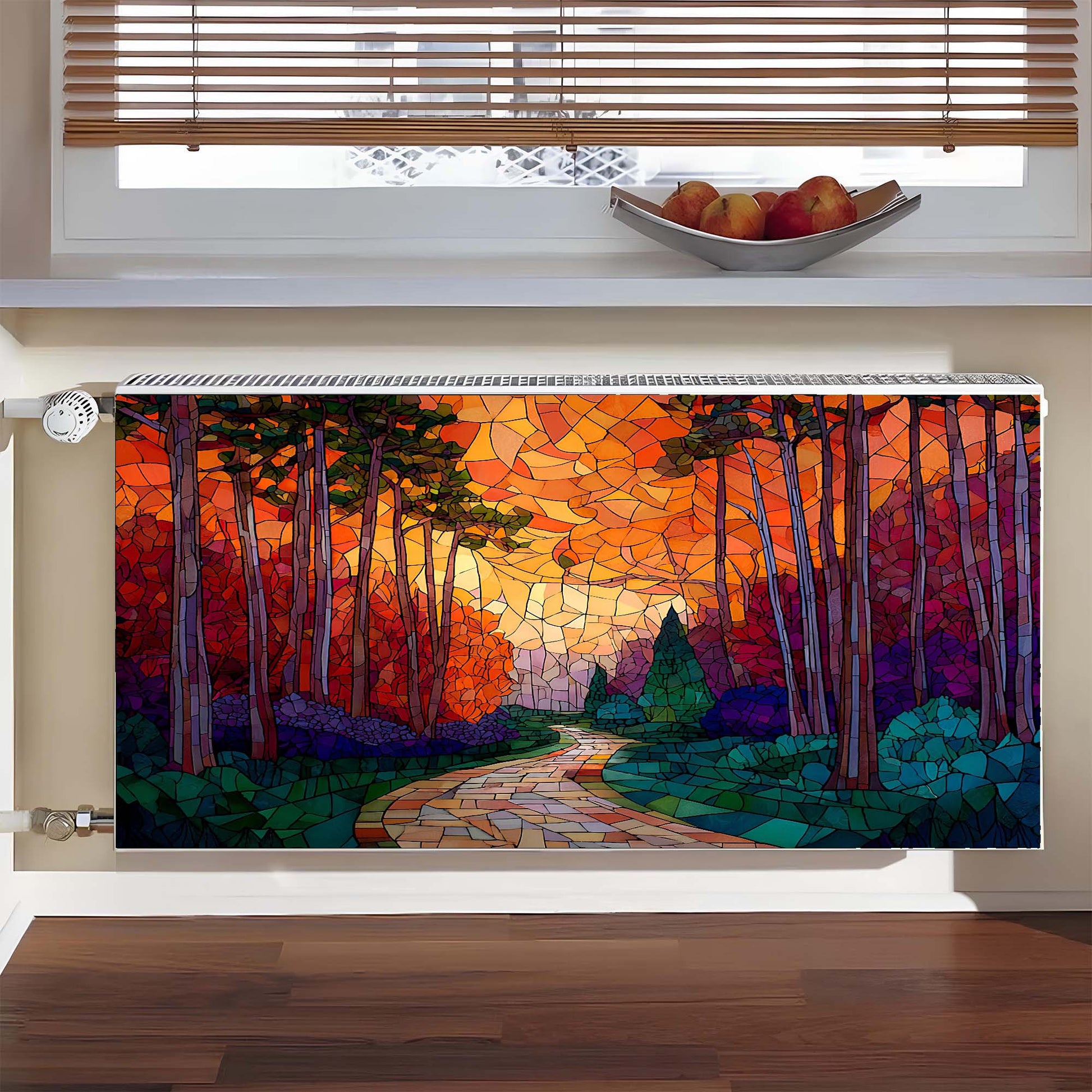 Decorative magnetic radiator cover with a colorful forest design in a room with a window and fruit bowl.