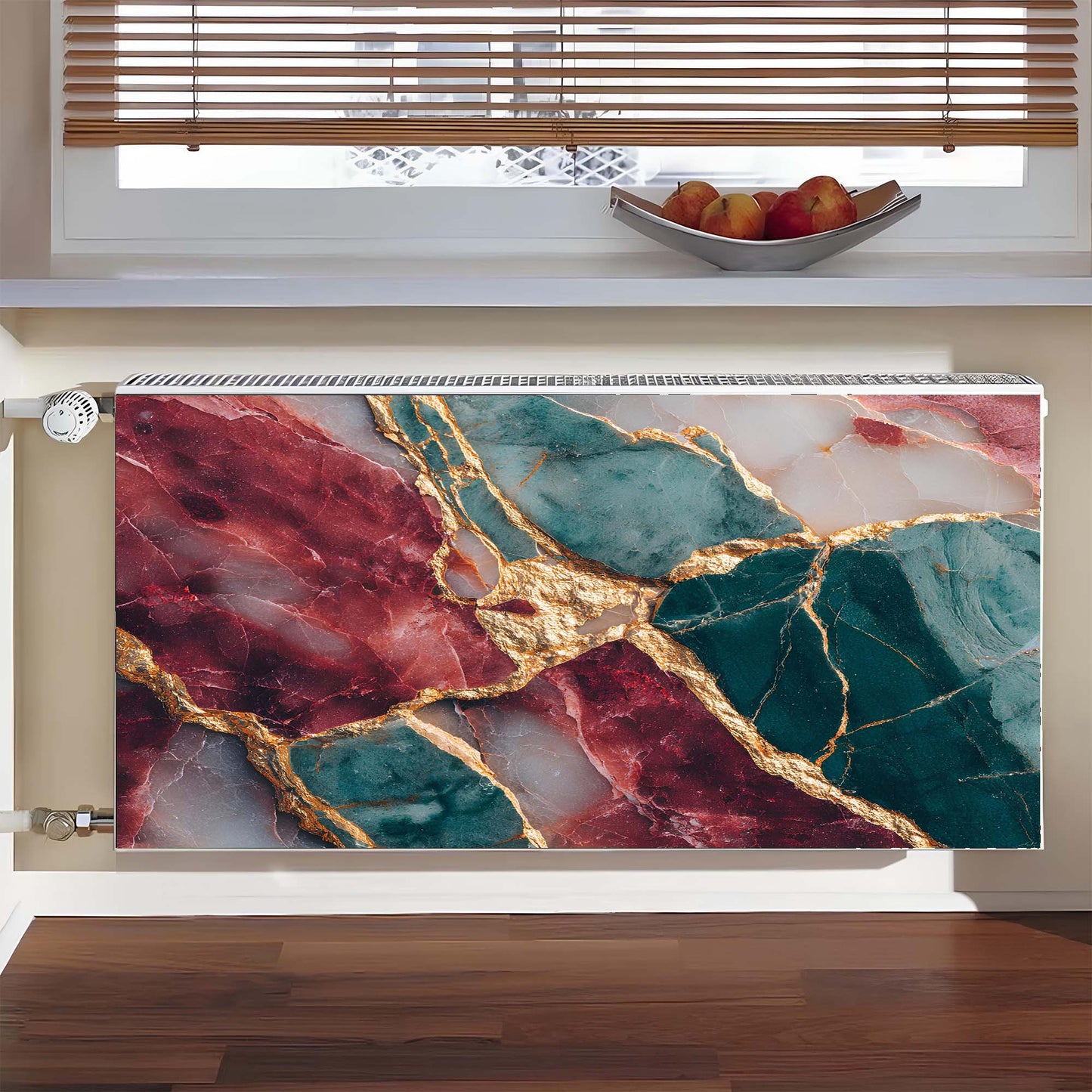 Decorative magnetic radiator cover with a marble pattern in a room with a window and fruit bowl.