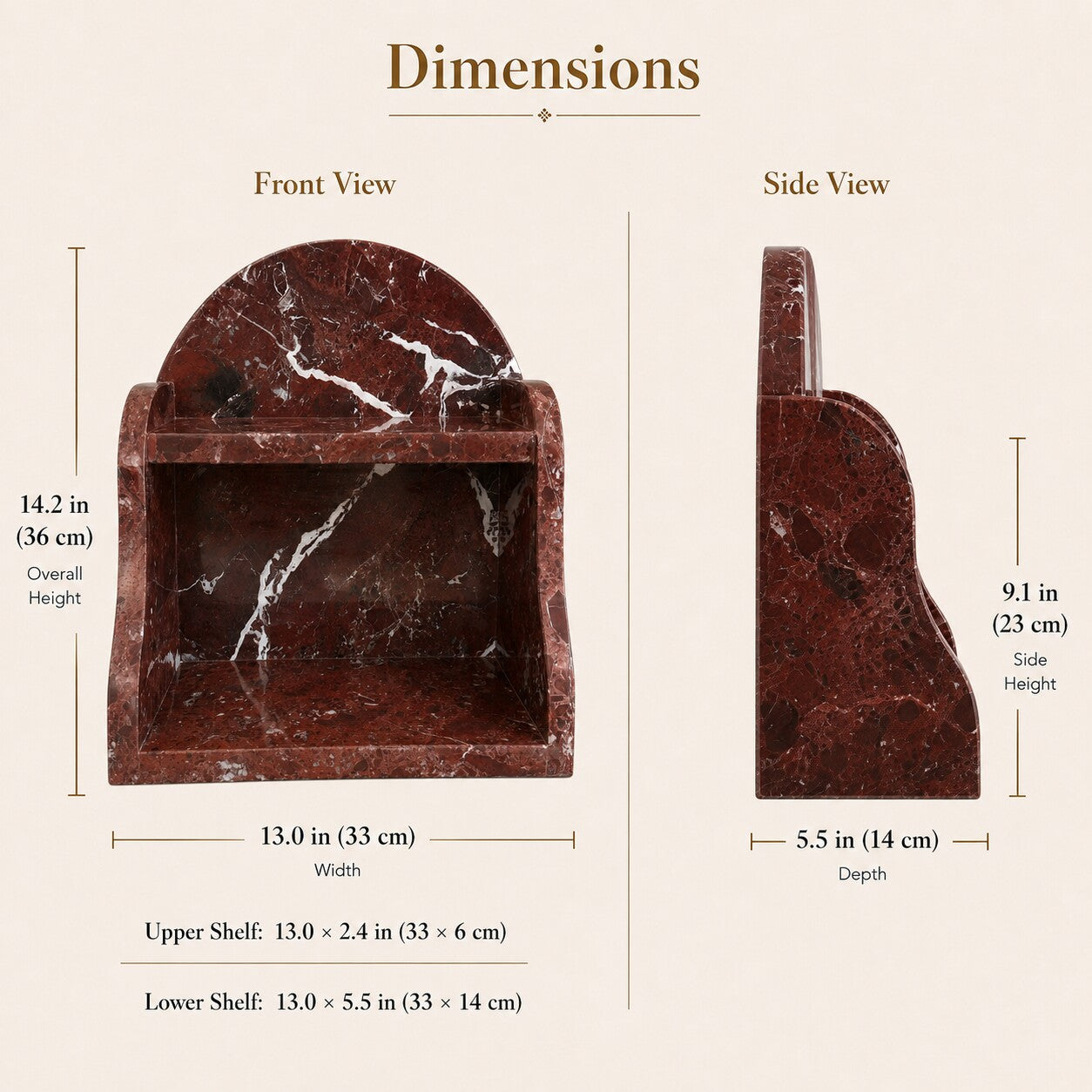 A dimension diagram showing a red marble shelf from the front and side views with labeled measurements for overall height, width, depth, and shelf sizes on a light beige background.
