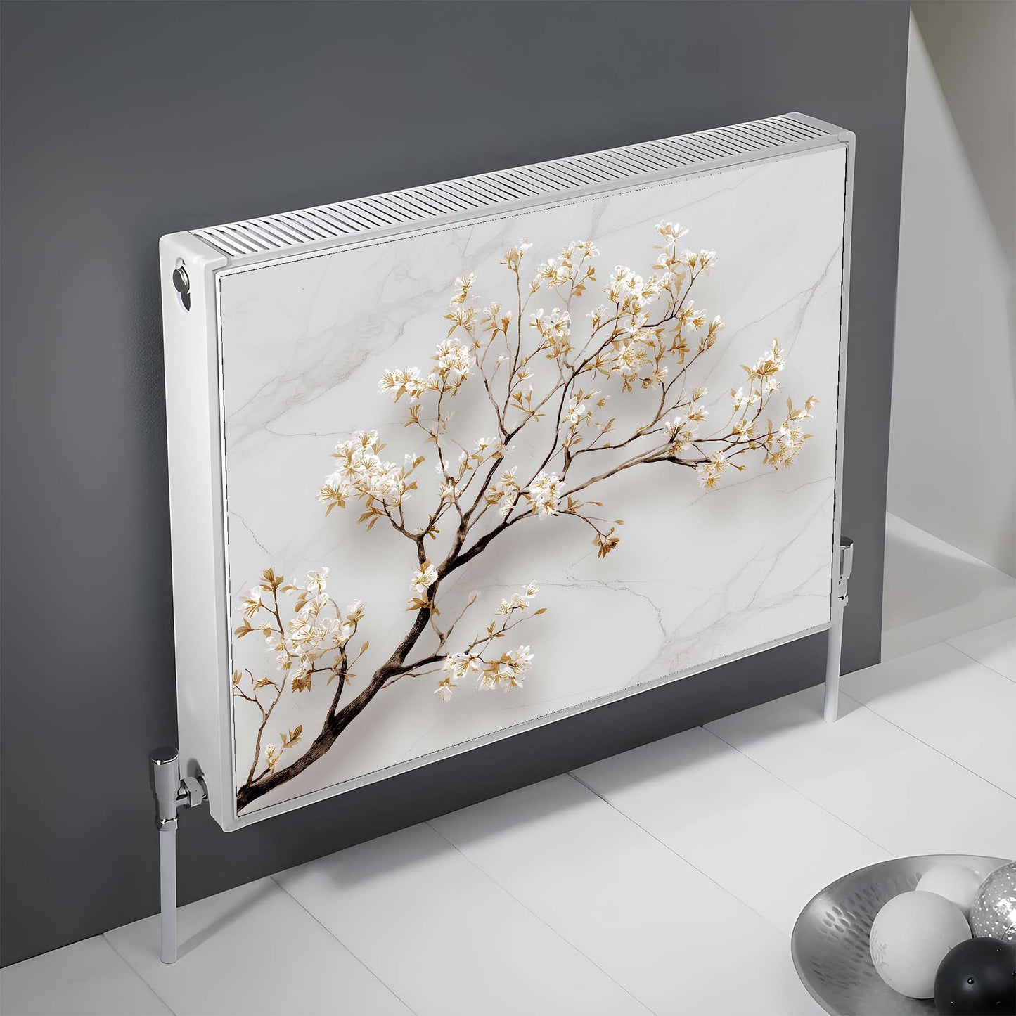 Decorative magnetic radiator cover with floral design on a gray wall.