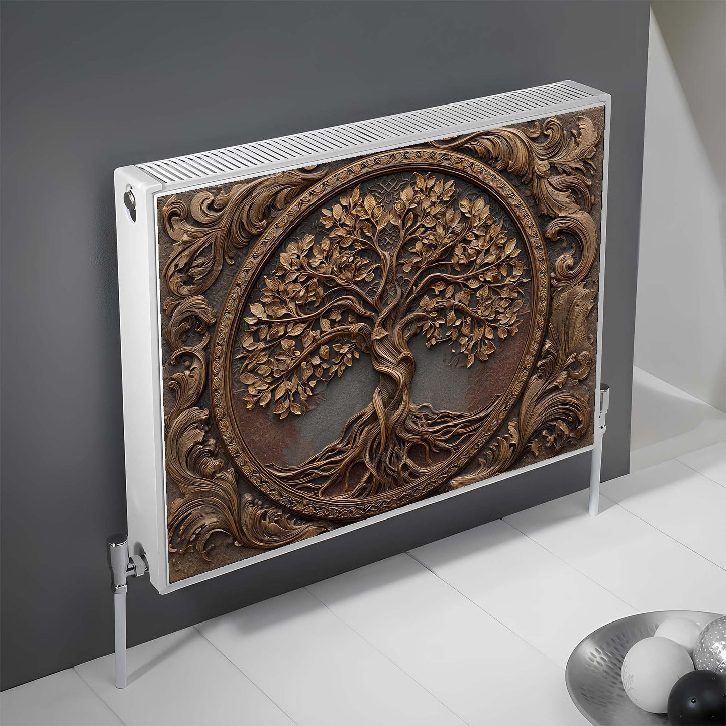 Decorative magnetic radiator cover with tree of life design on a plain background