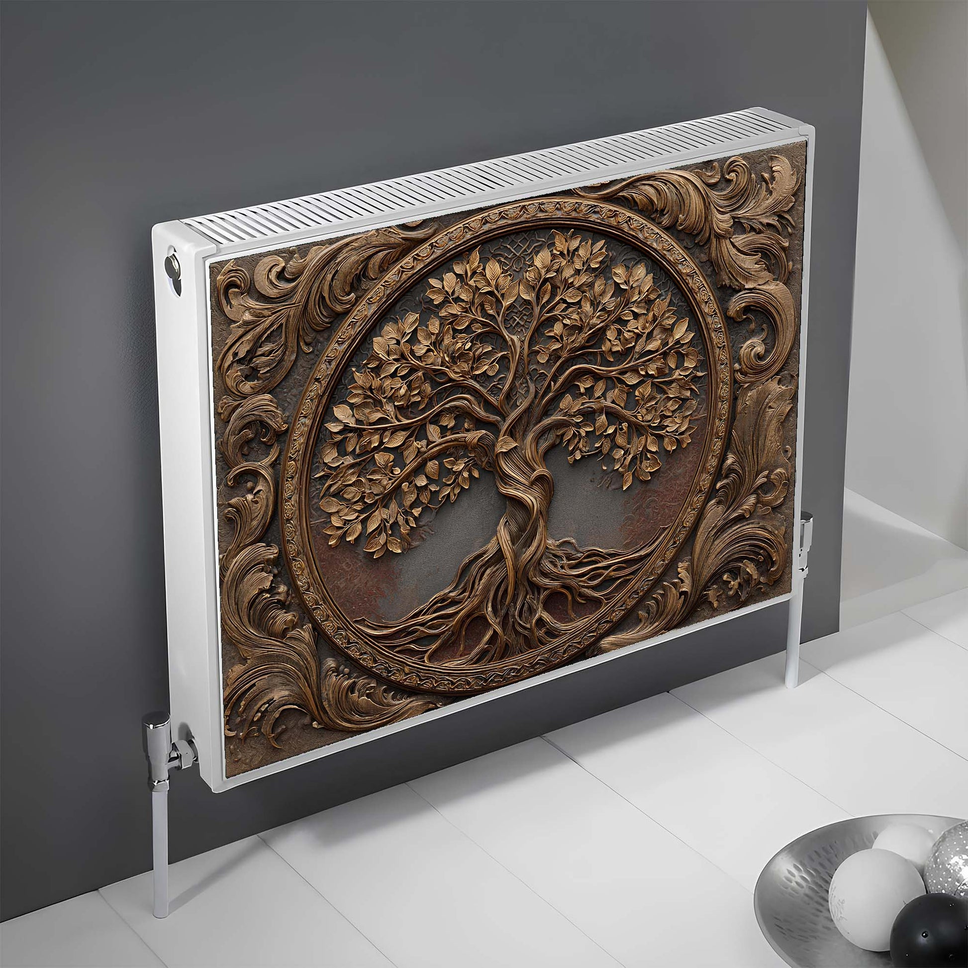 Decorative magnetic radiator cover with tree of life design on a plain background