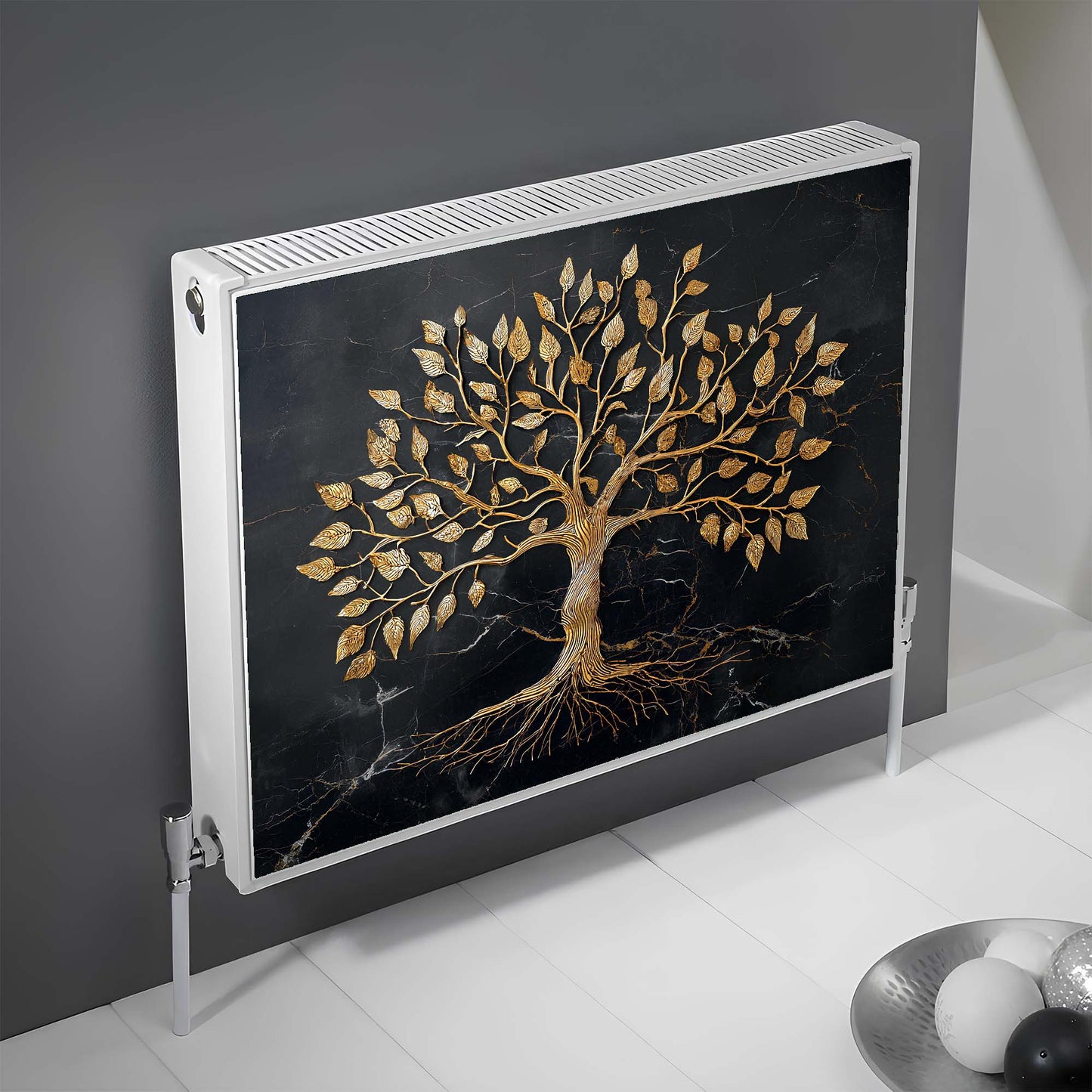 Decorative magnetic radiator cover with a gold tree design on a black background