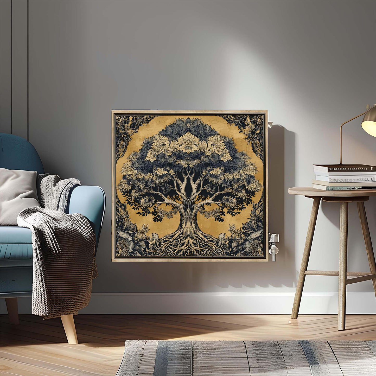 Living room with a large radiator heating cover of a tree on the radiator, a blue armchair, and a wooden side table.