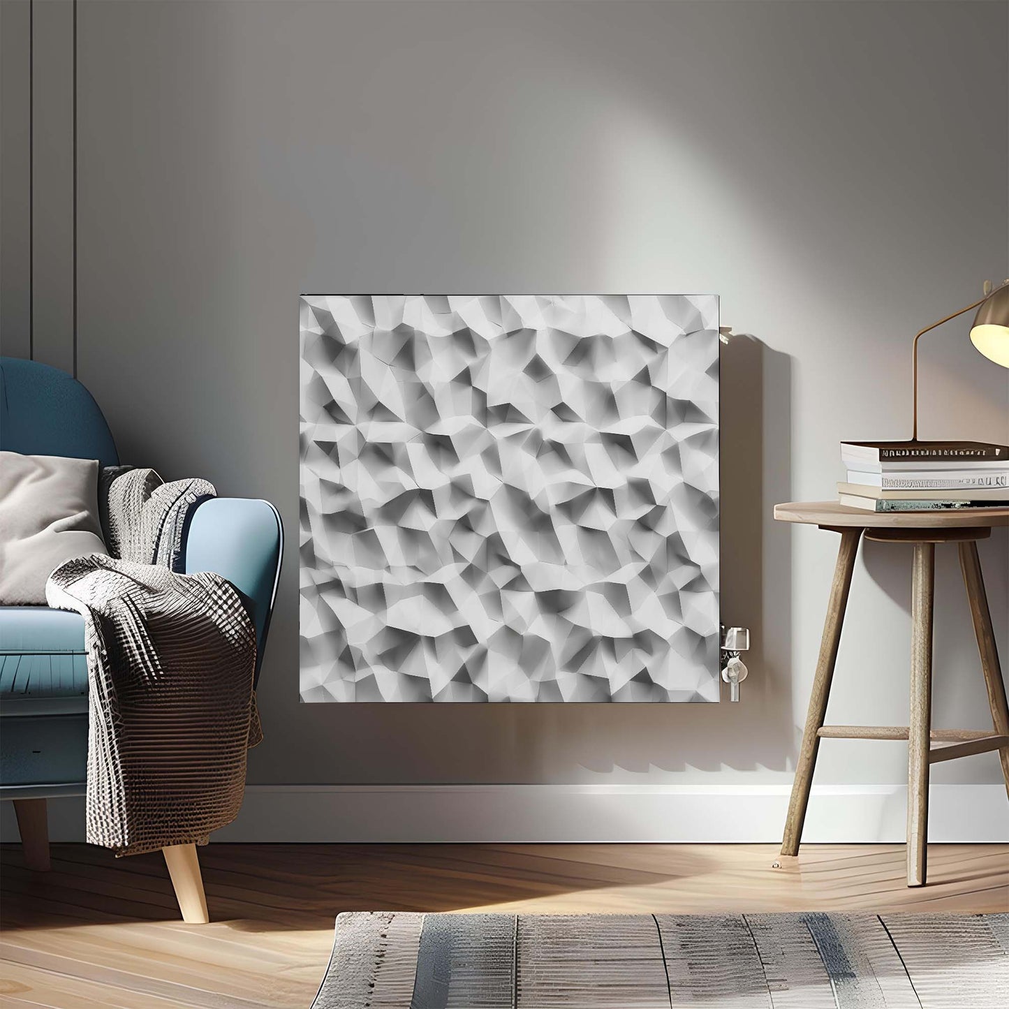 Modern living room with a geometric-patterned magnetic radiator cover.