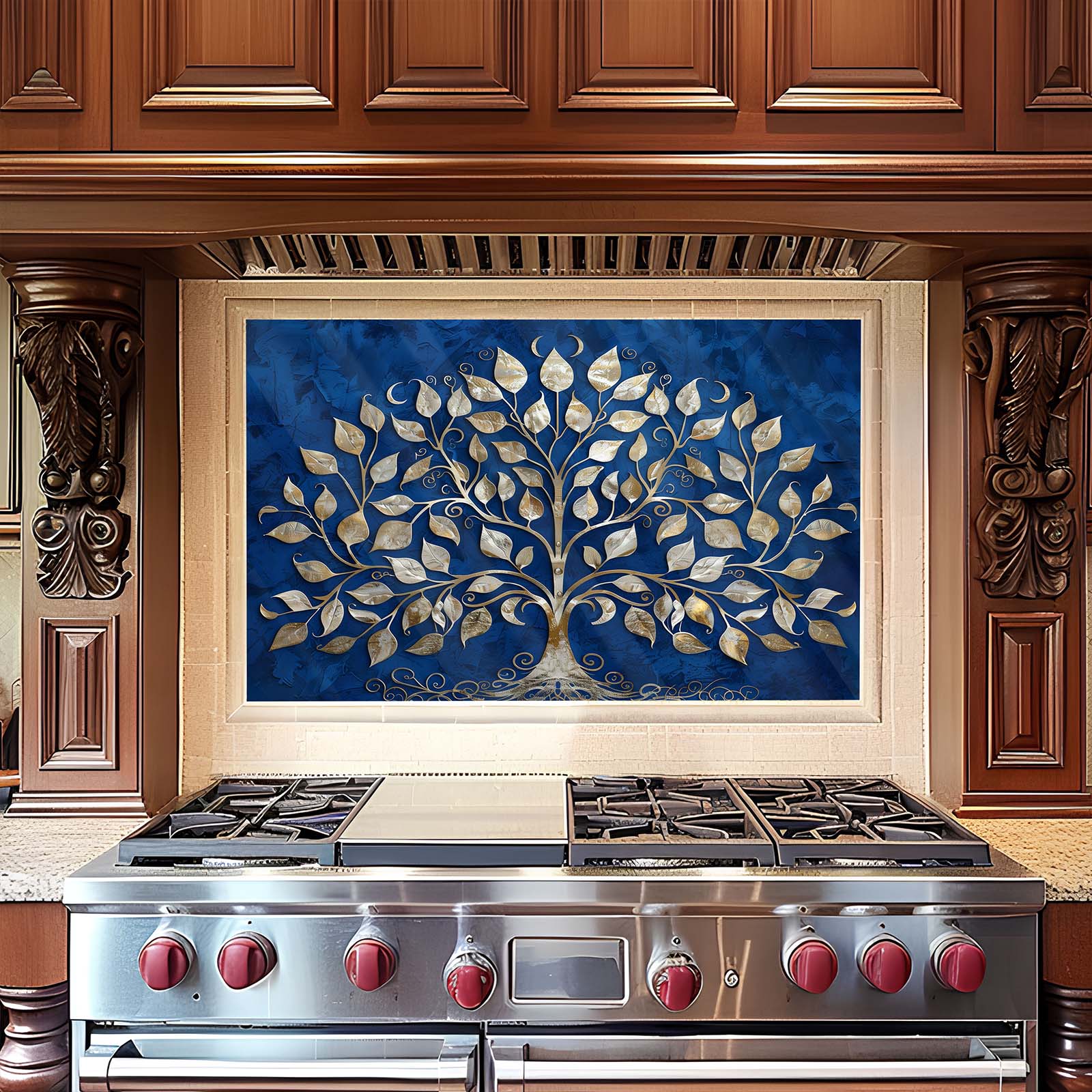 Stainless steel stove with decorative backsplash featuring a tree design in a kitchen setting.