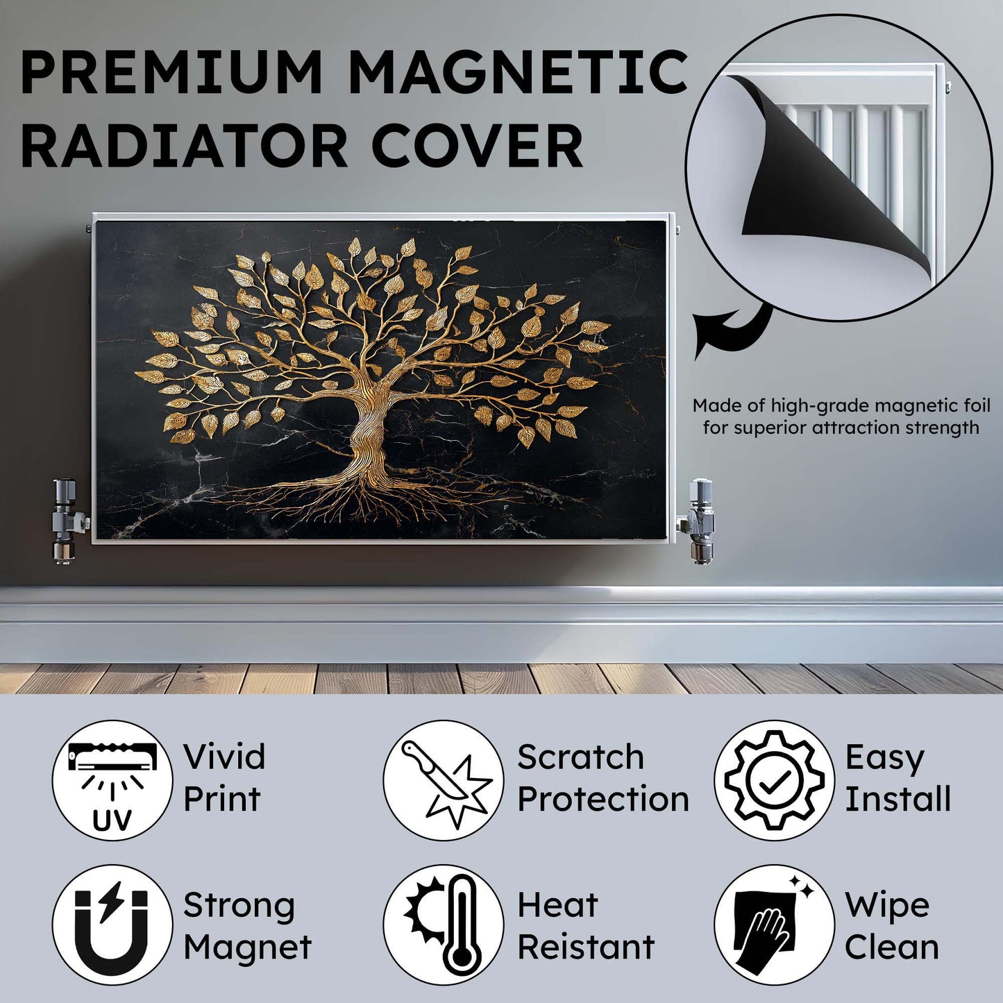 Premium magnetic radiator cover with tree design on a metallic surface, featuring text and icons about product features.