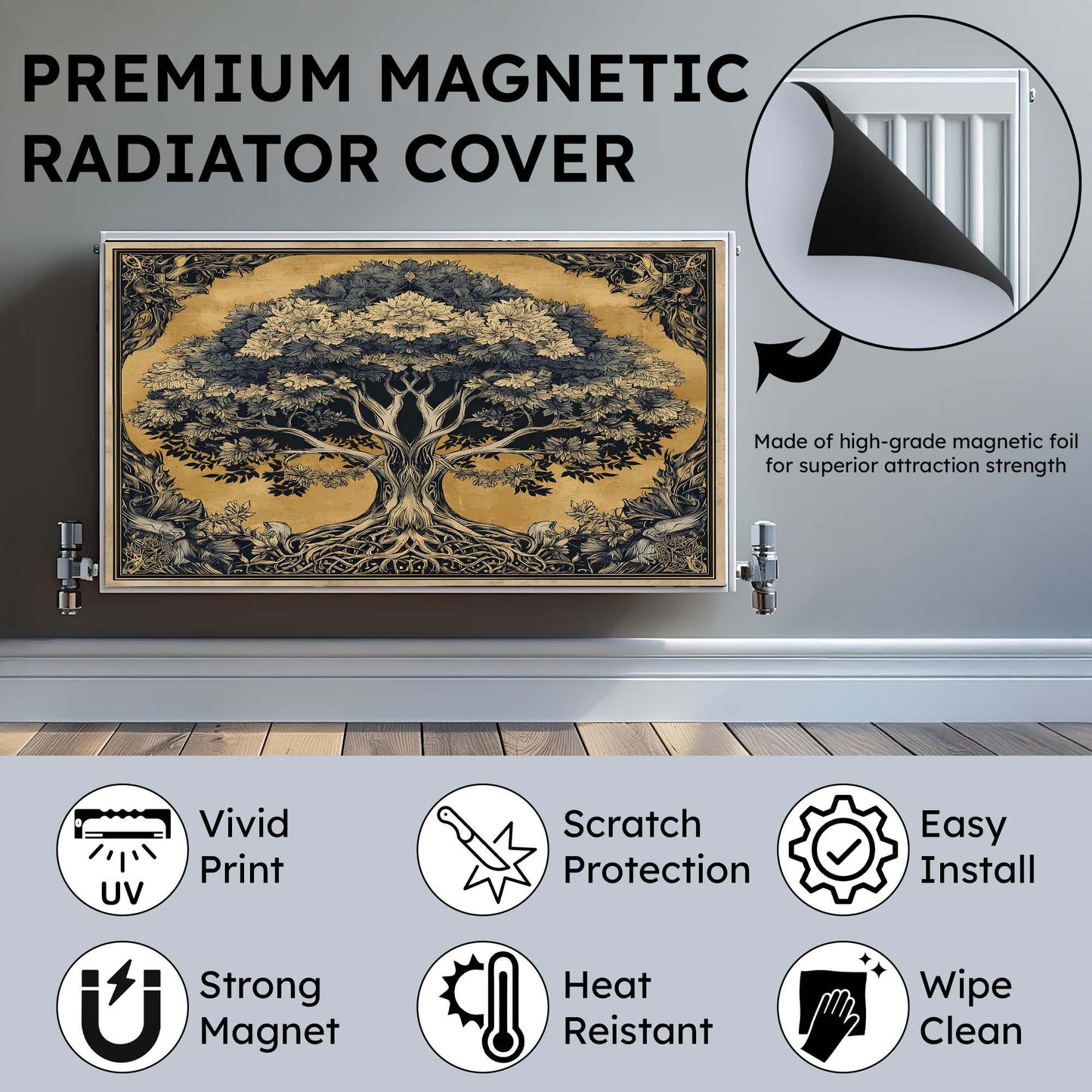 Premium magnetic radiator cover with tree design on a radiator, featuring text and icons about product features.
