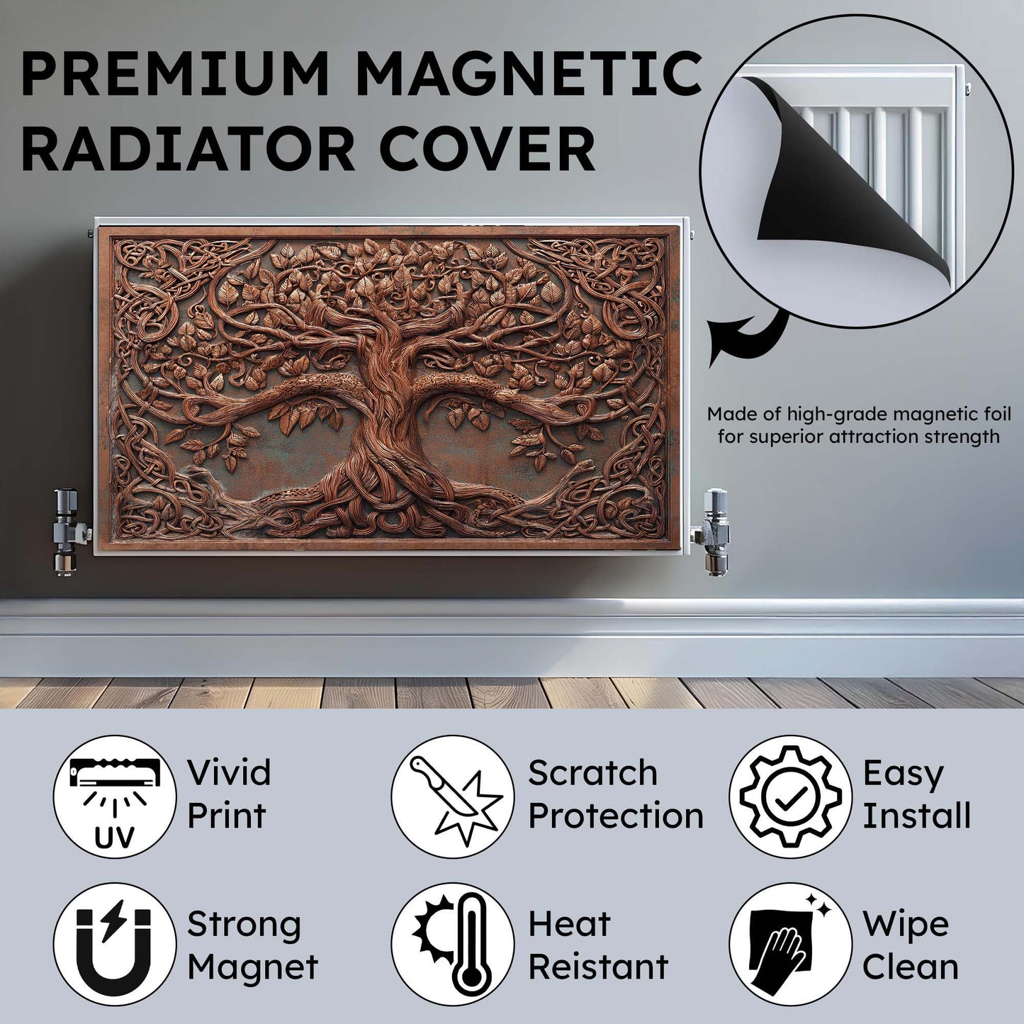 Premium magnetic radiator cover with tree design on a gray background