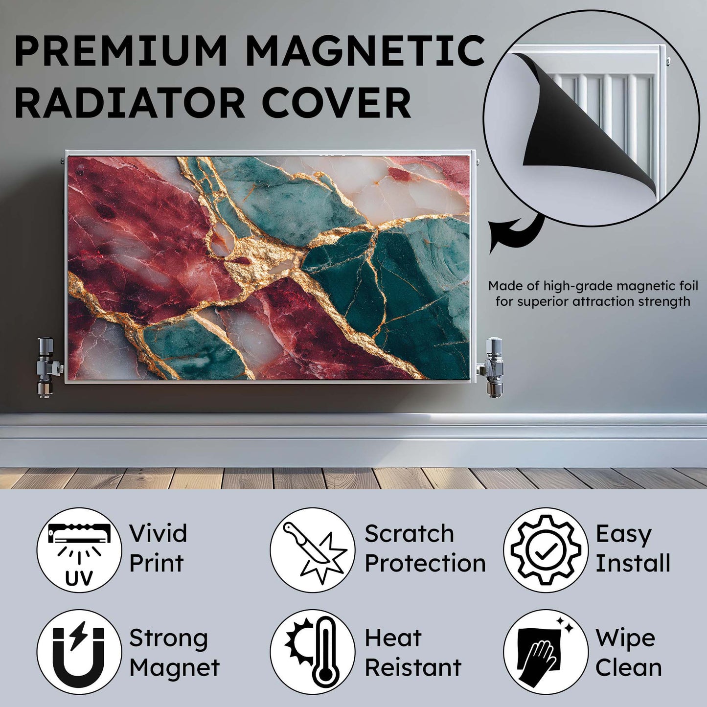 Marble-patterned radiator cover with magnetic properties on a gray background