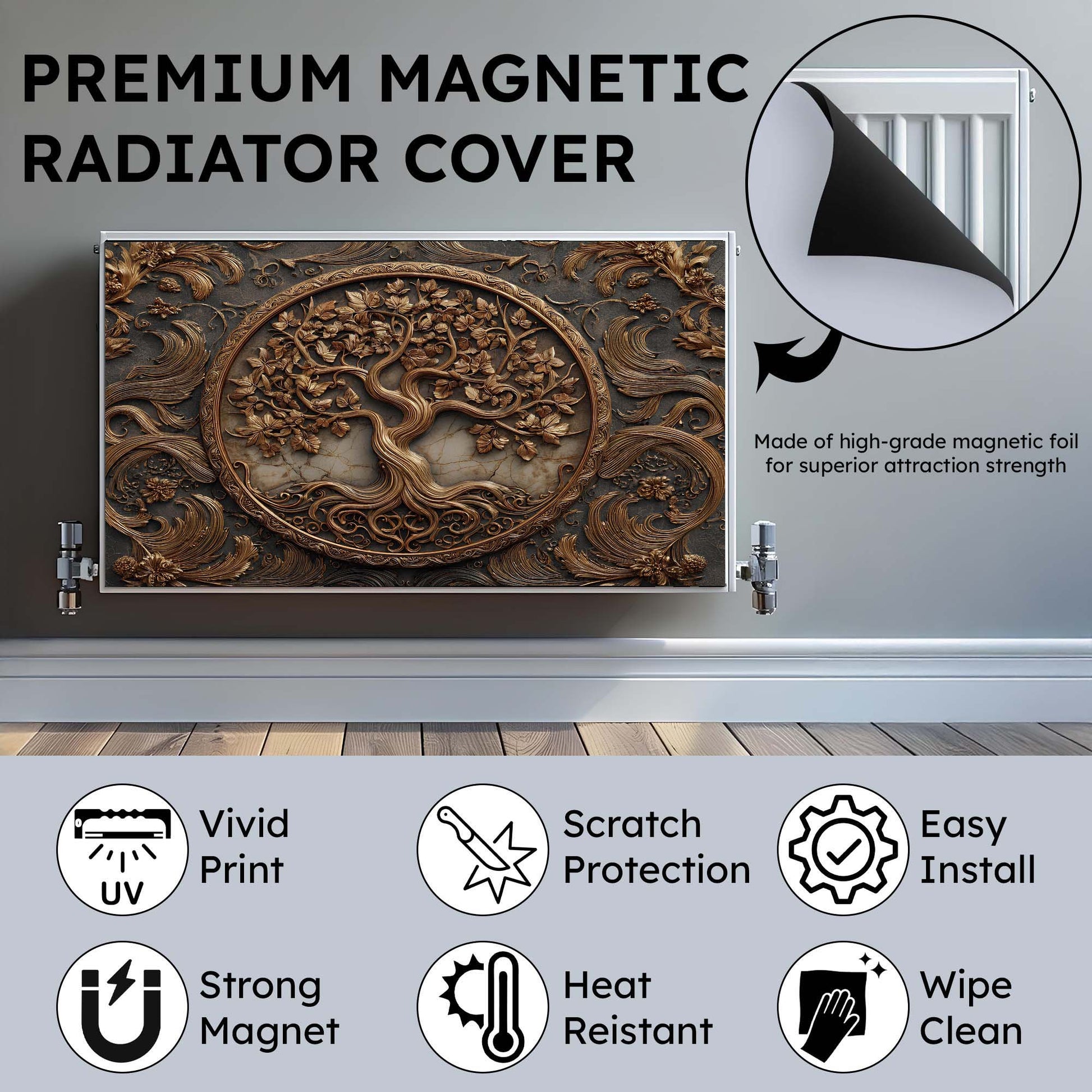 Premium magnetic radiator cover with decorative design on a metallic surface, featuring text and icons highlighting features.