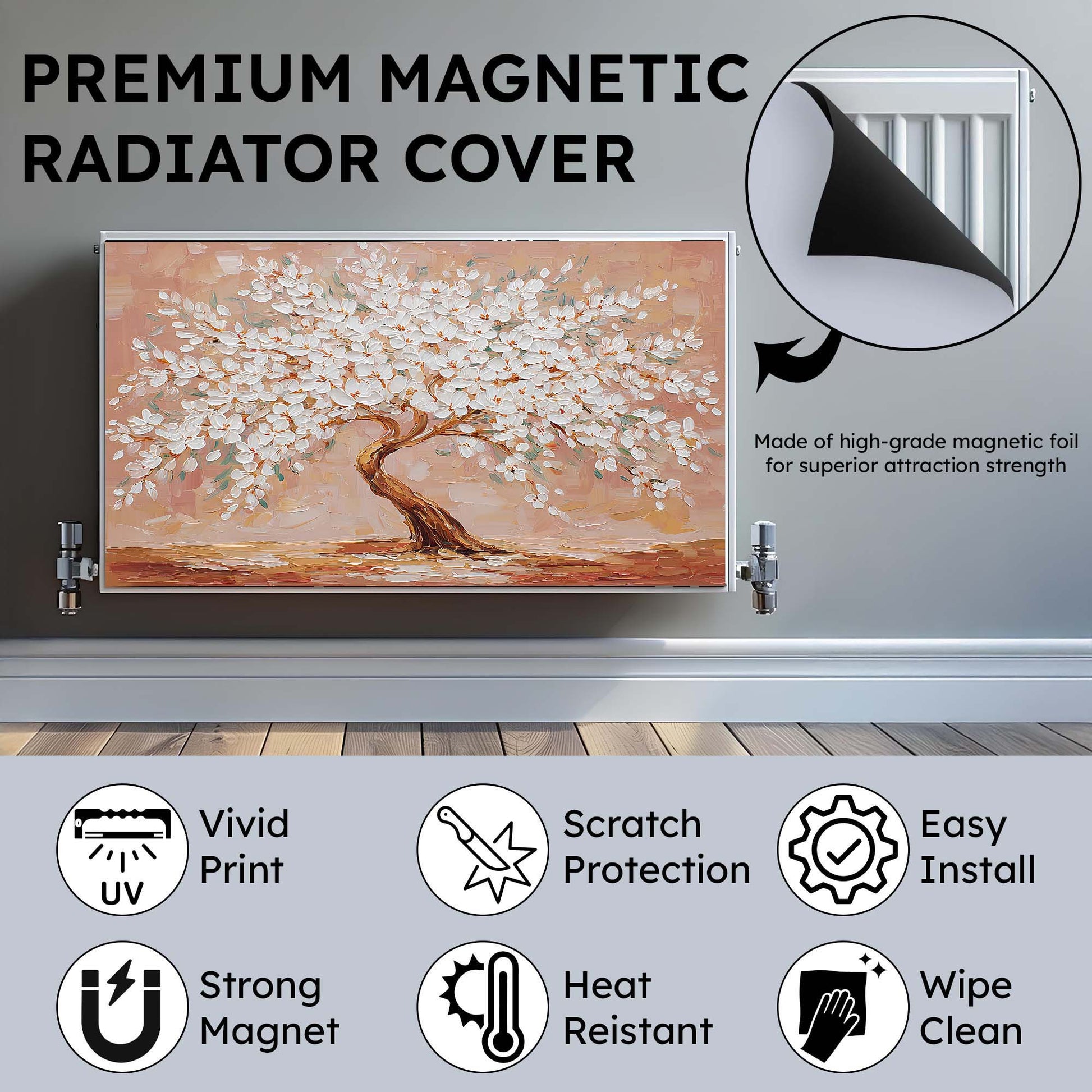 Premium magnetic radiator cover with artistic design on a radiator, featuring text and icons highlighting features.