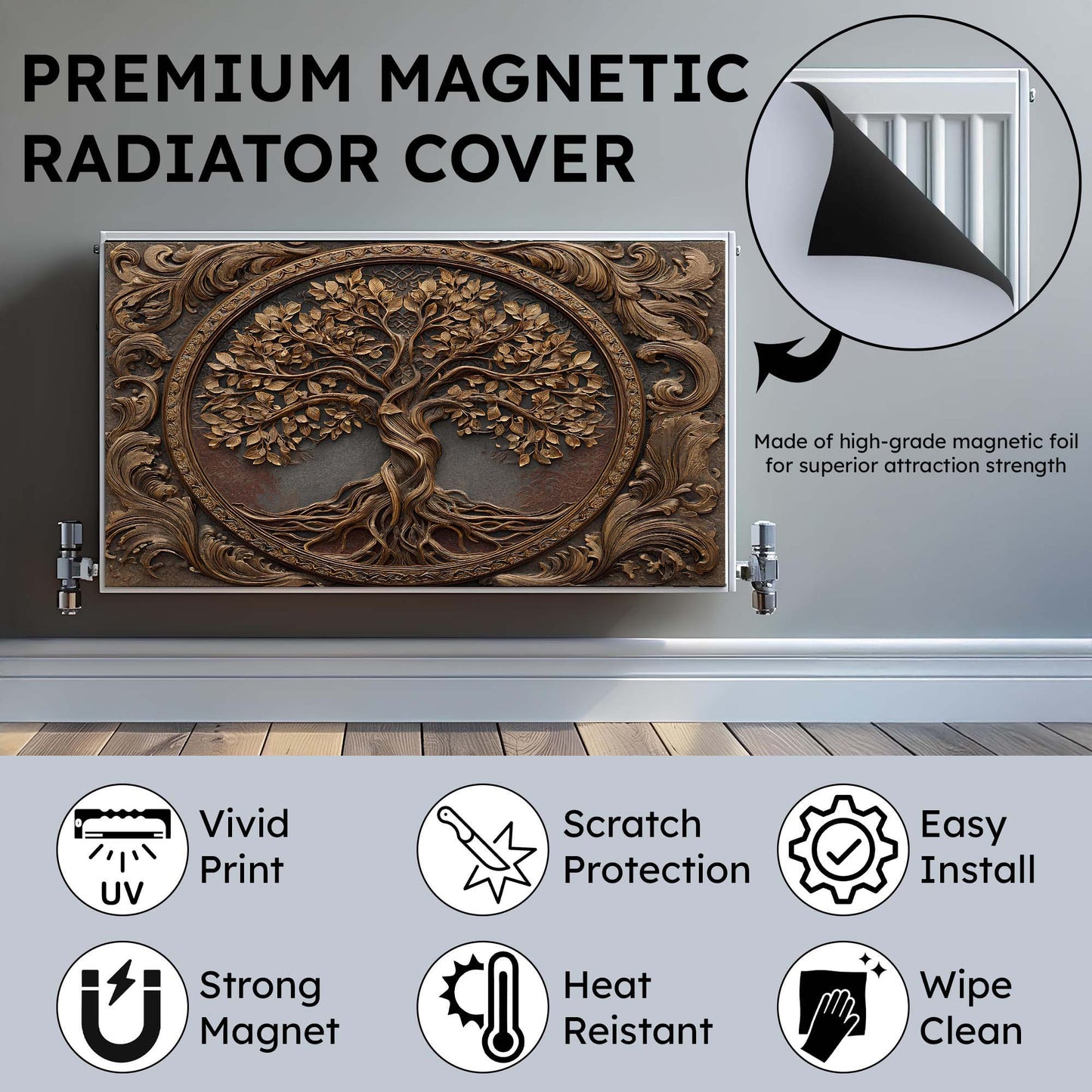 Decorative radiator cover with tree design on a metallic surface, featuring text and icons about product features.