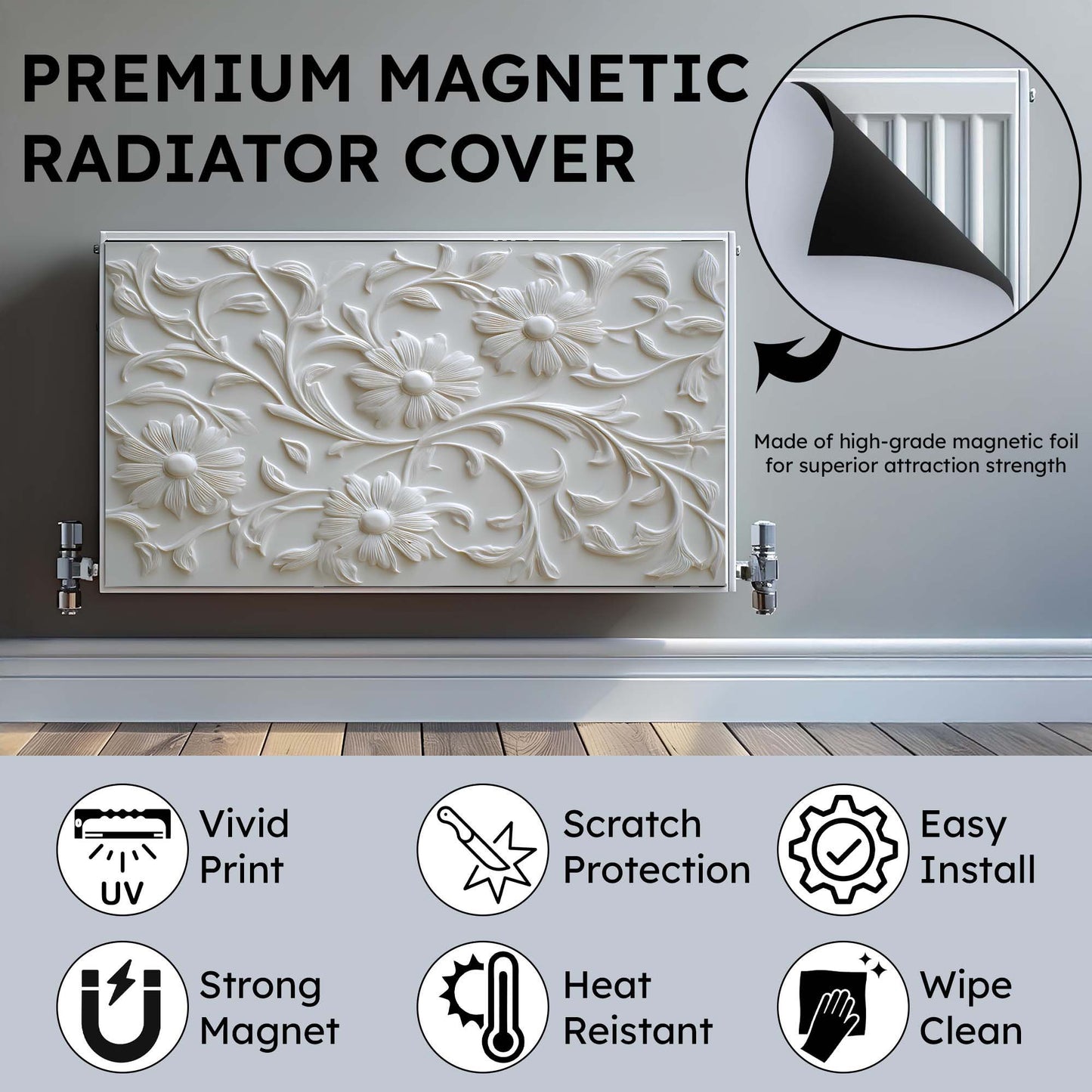 Floral-patterned radiator cover with magnetic properties on a neutral background