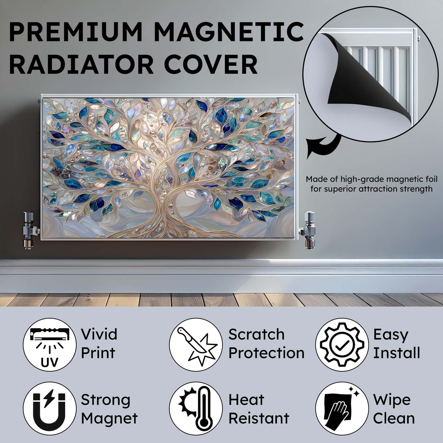 Premium magnetic radiator cover with decorative design on a radiator, featuring text and icons highlighting features.