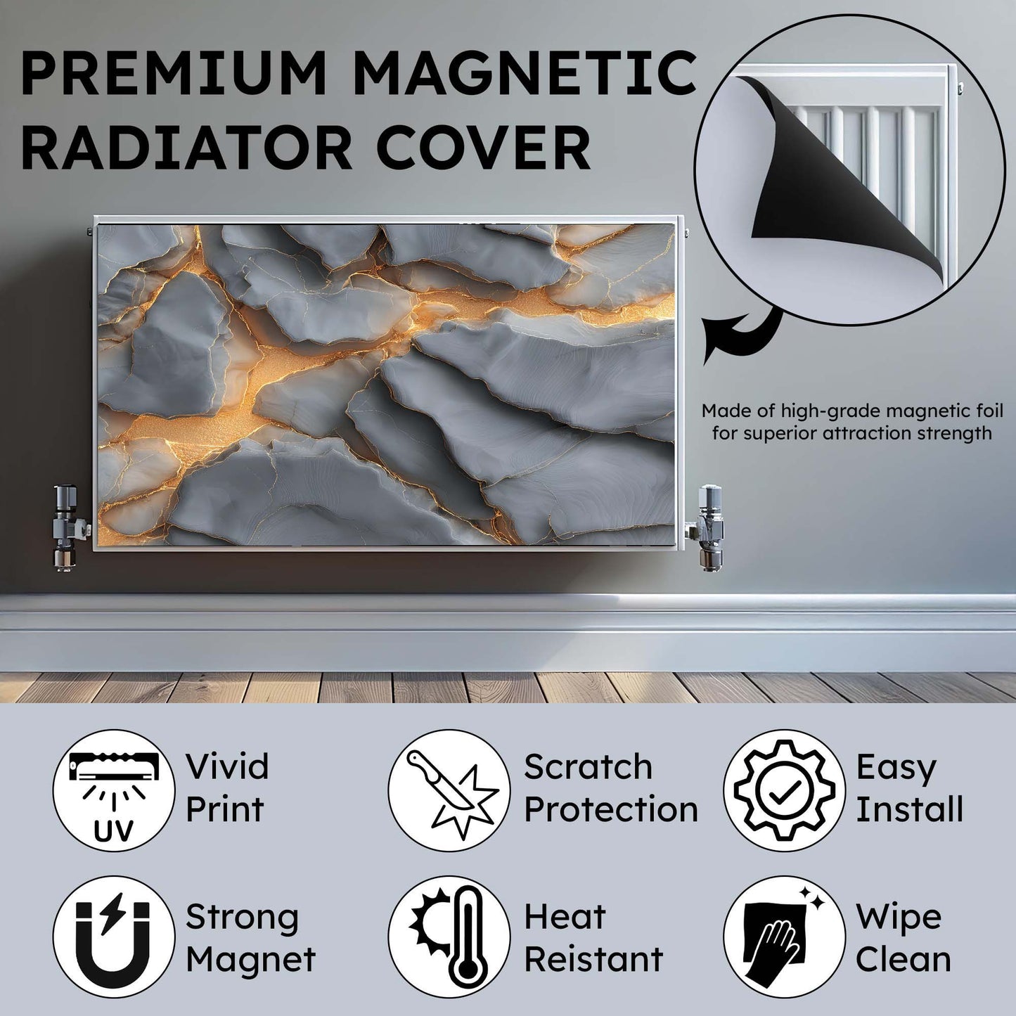 Premium magnetic radiator cover with features highlighted on a gray background