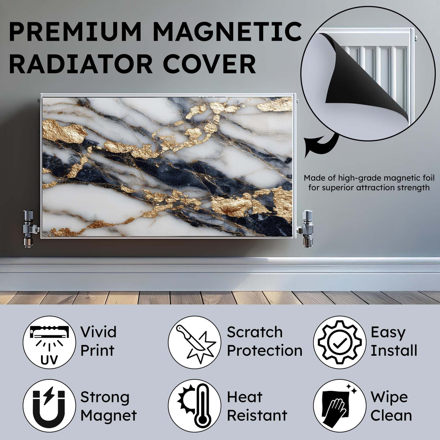 Marble-patterned magnetic radiator cover with magnetic properties on a neutral background