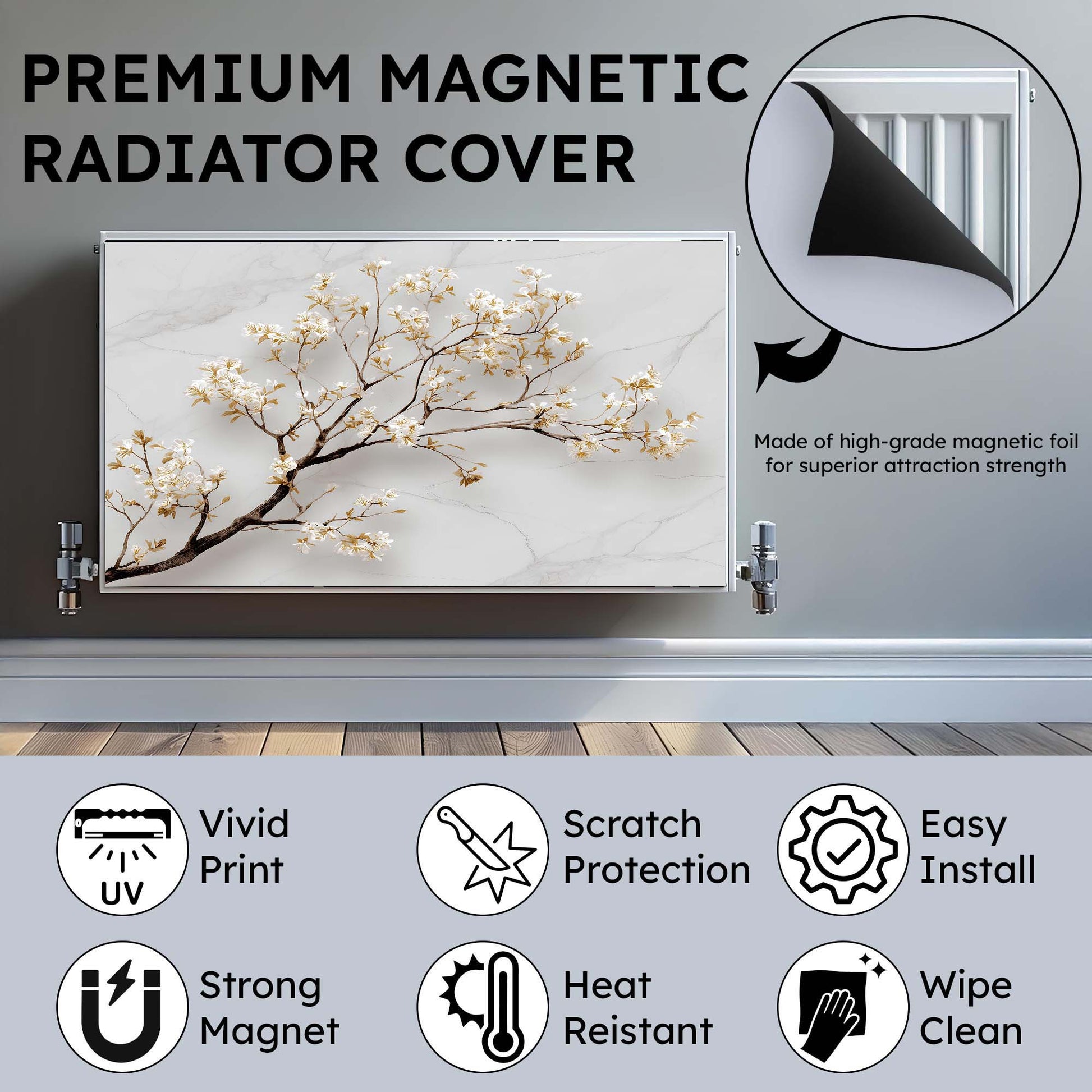 Premium magnetic radiator cover with decorative branch design on a radiator.