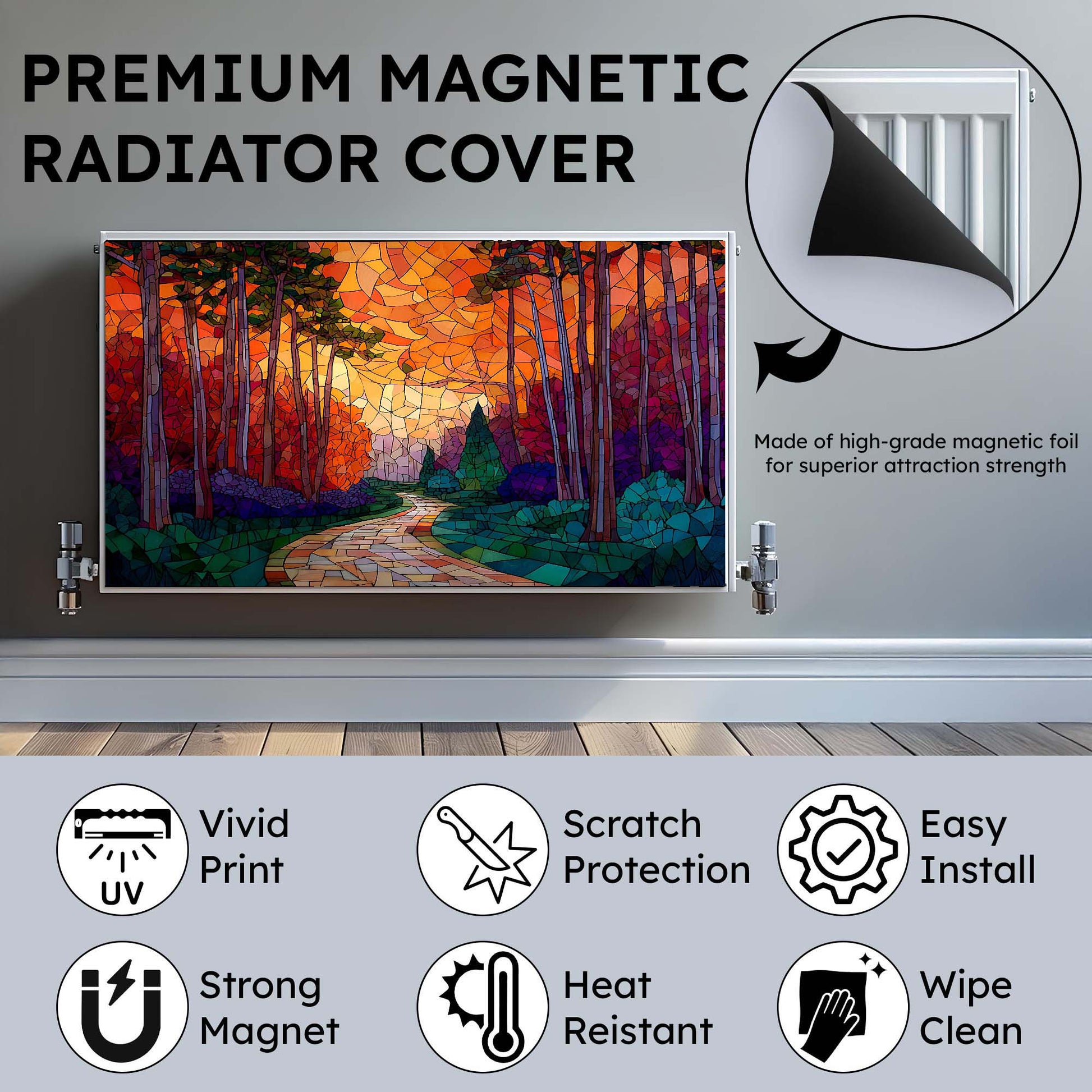 Premium magnetic radiator cover with a colorful forest design, featuring text and icons highlighting features.