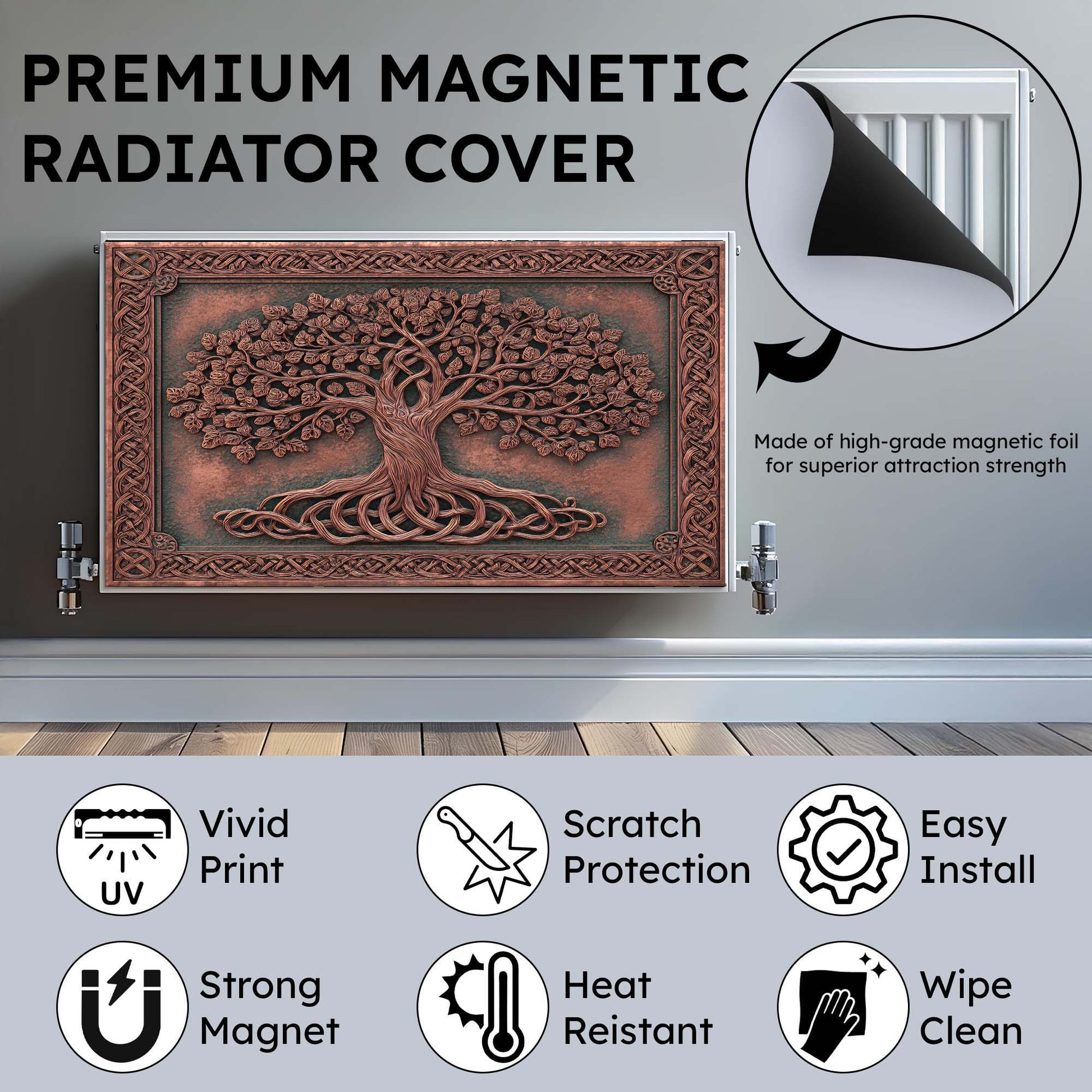 Premium magnetic radiator cover with tree design on a metallic surface, featuring text and icons about product features.