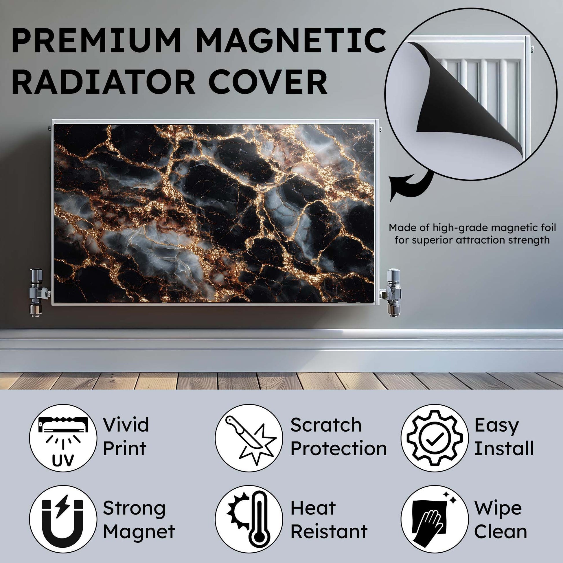 Marble-patterned radiator cover with features listed on a gray background