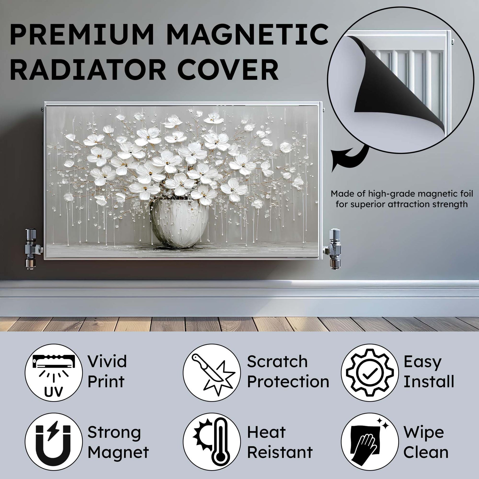 Premium magnetic radiator cover with floral design and features listed below.