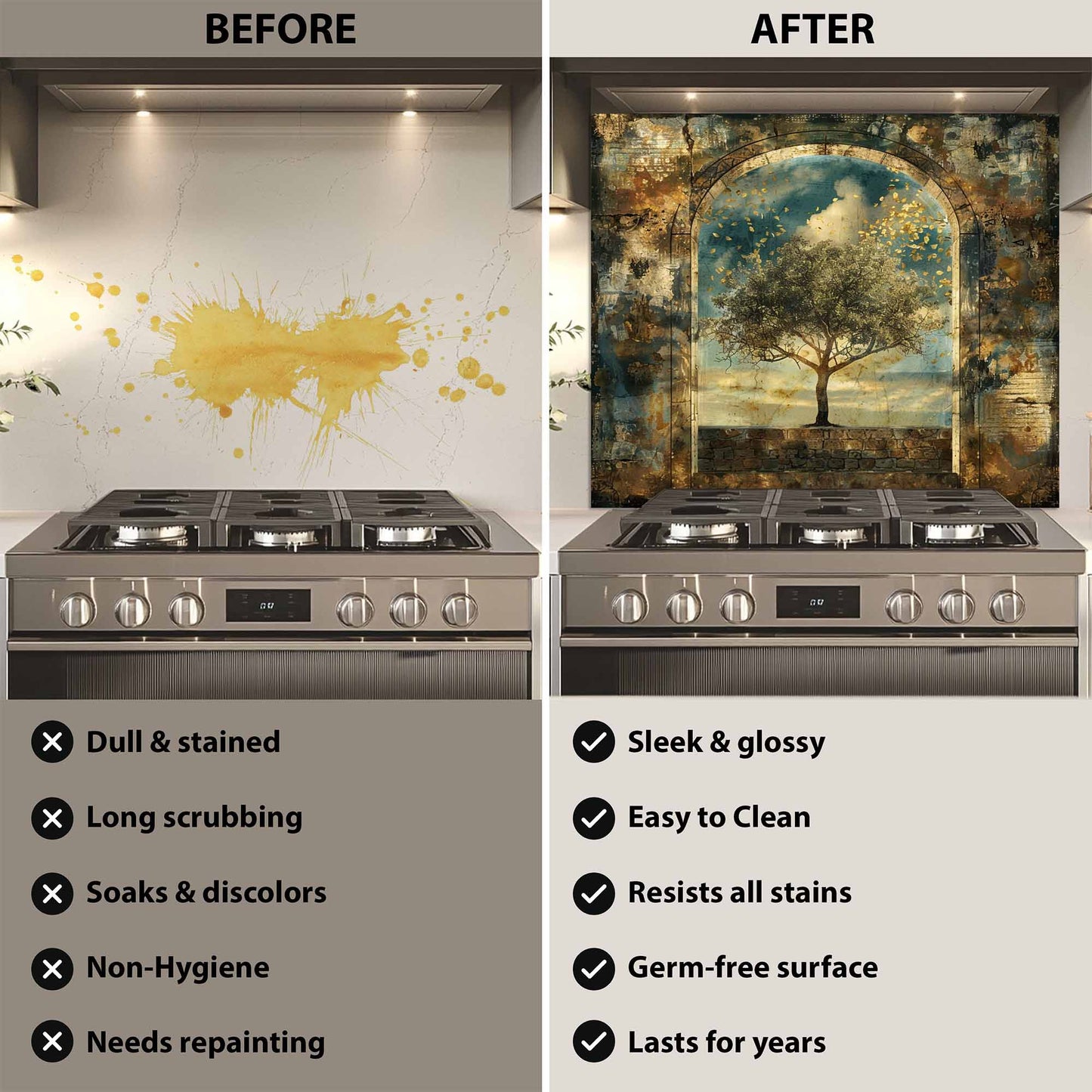 Before and after comparison of a kitchen stove with a decorative backsplash.