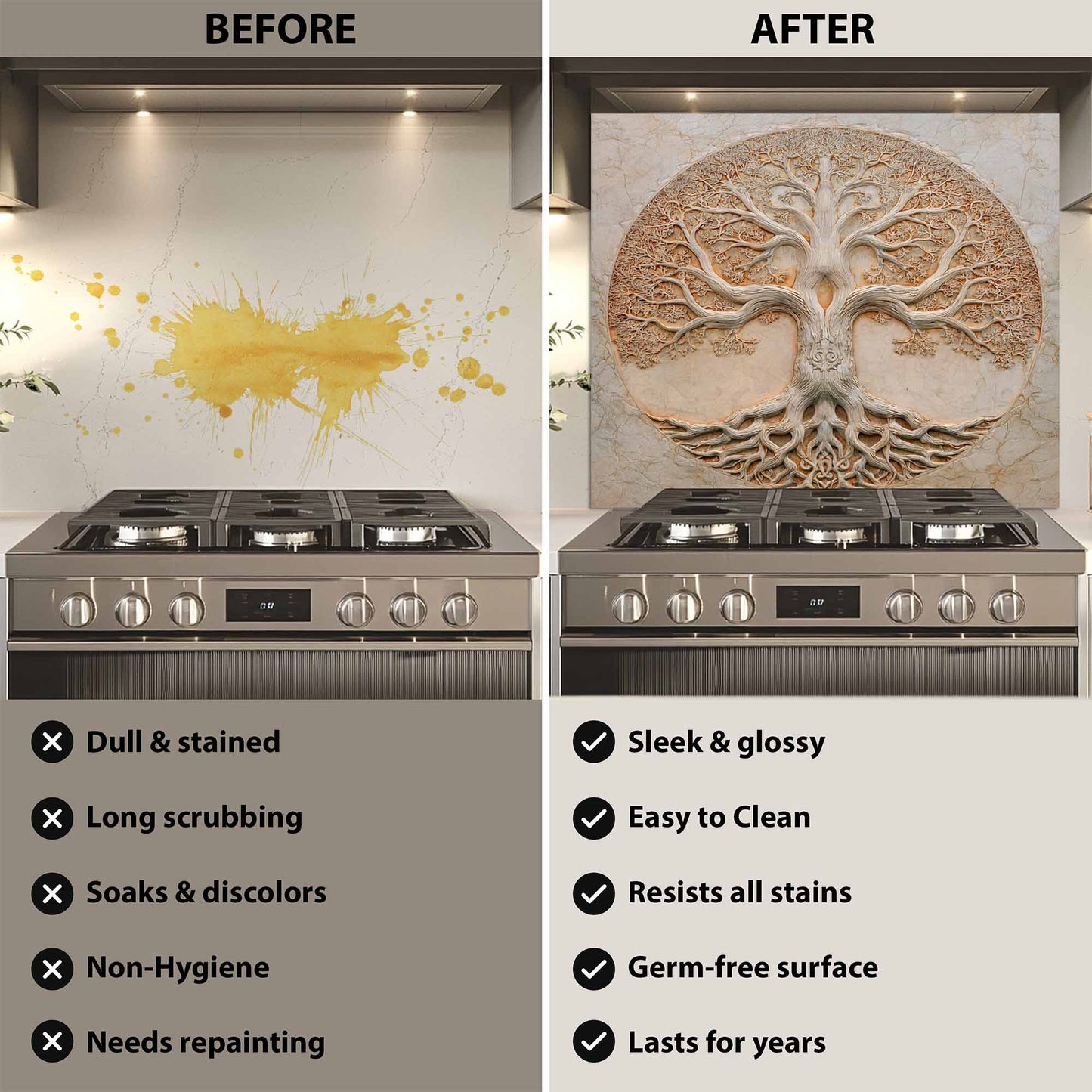 Before and after comparison of a kitchen stove with a decorative backsplash.