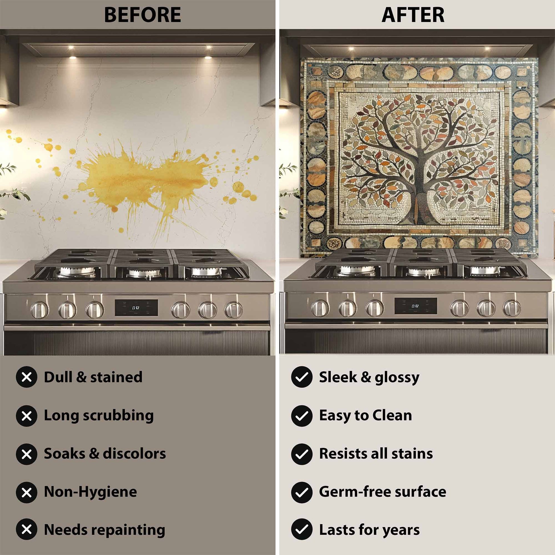 Before and after comparison of a kitchen stove with a decorative backsplash.