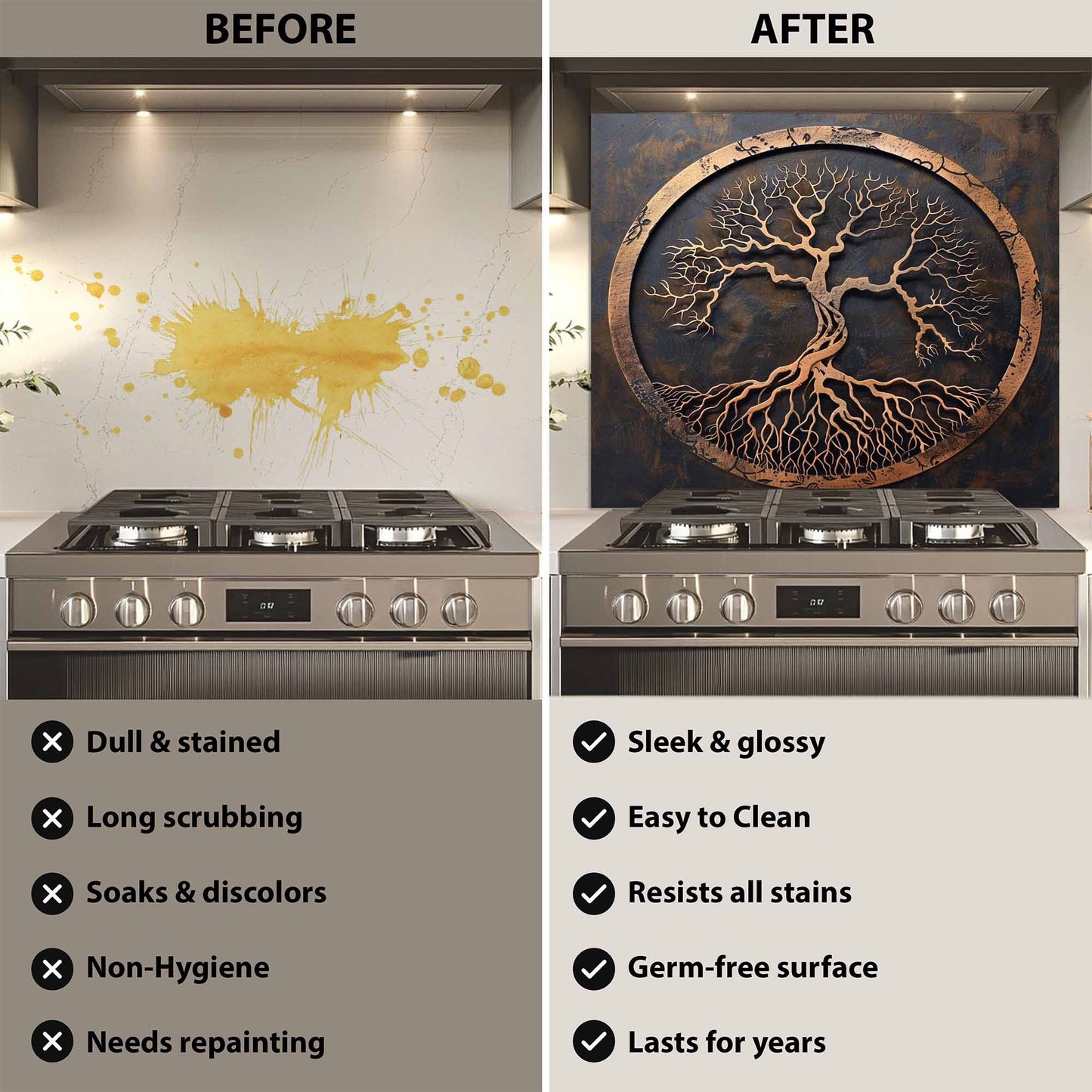 Before and after comparison of a kitchen stove with a decorative backsplash