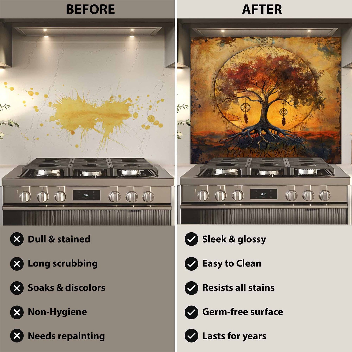 Before and after comparison of a kitchen stove with a decorative glass backsplash.