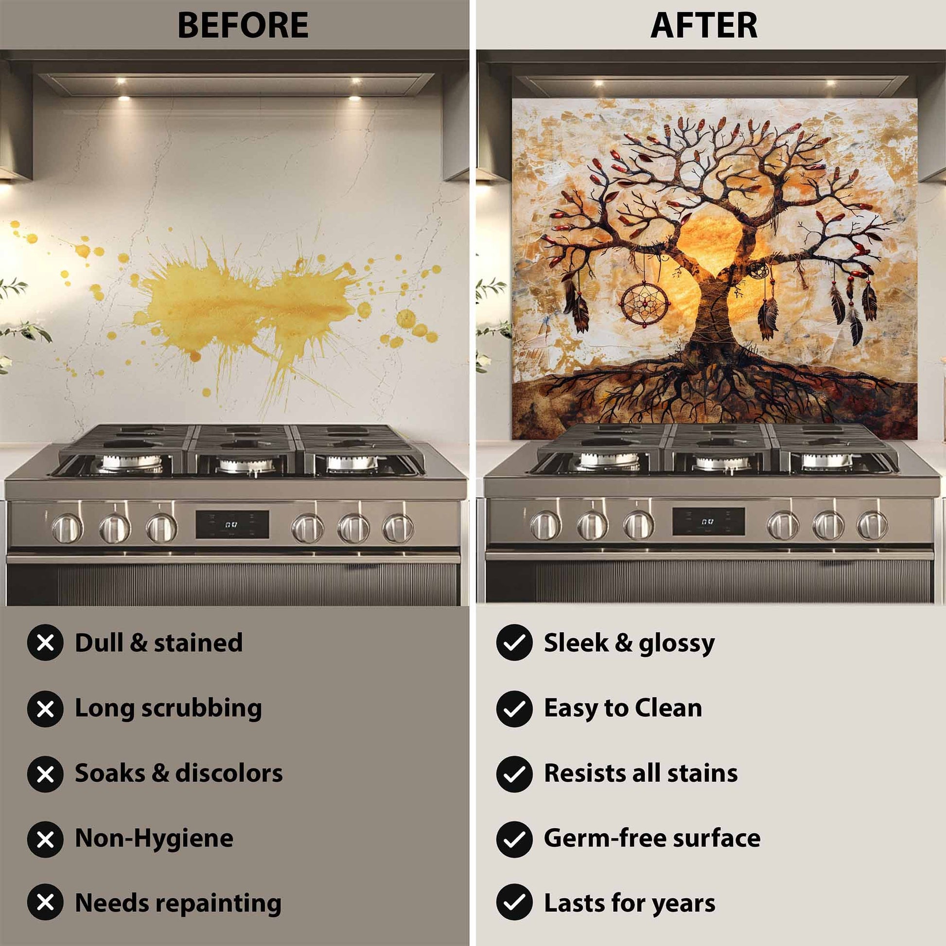 Before and after comparison of a kitchen stove with a glass backsplash.