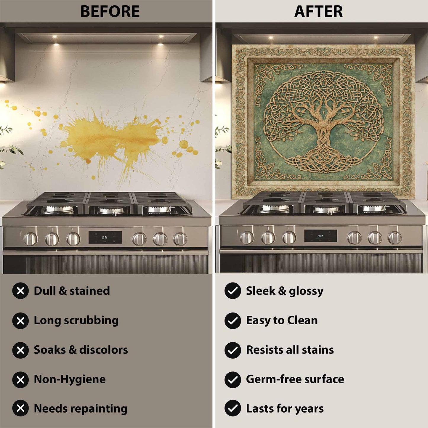 Before and after comparison of a kitchen stove with a decorative backsplash.
