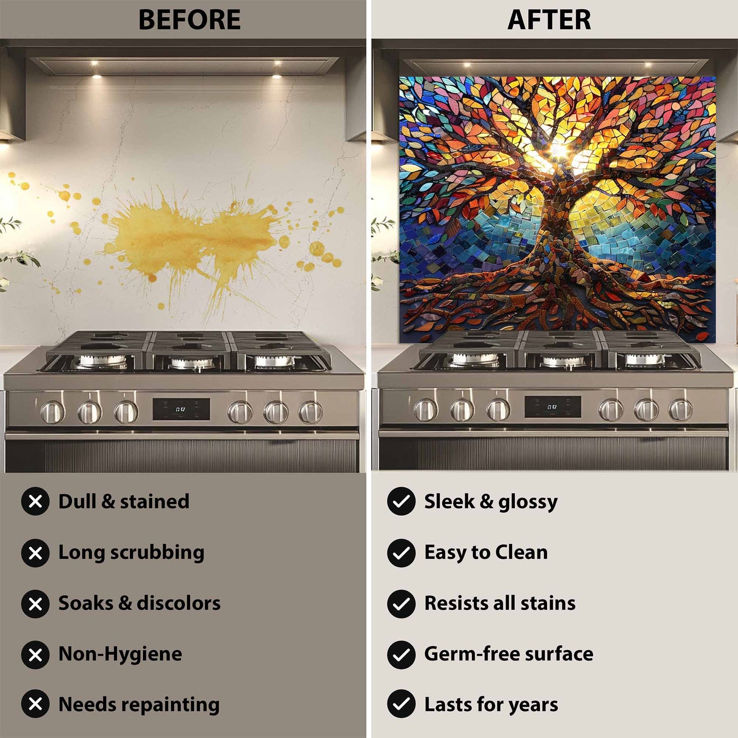 Before and after comparison of a kitchen stove with a decorative wall art installation.