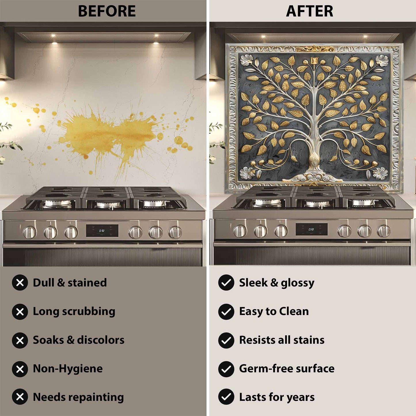 Before and after comparison of a kitchen stove with a decorative backsplash.