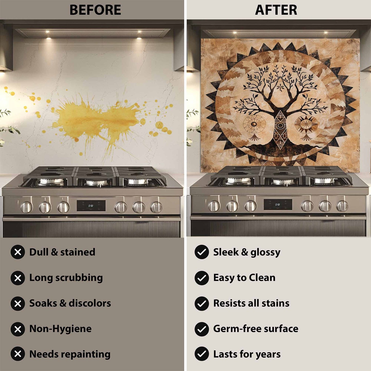 Before and after comparison of a kitchen stove with a decorative backsplash.