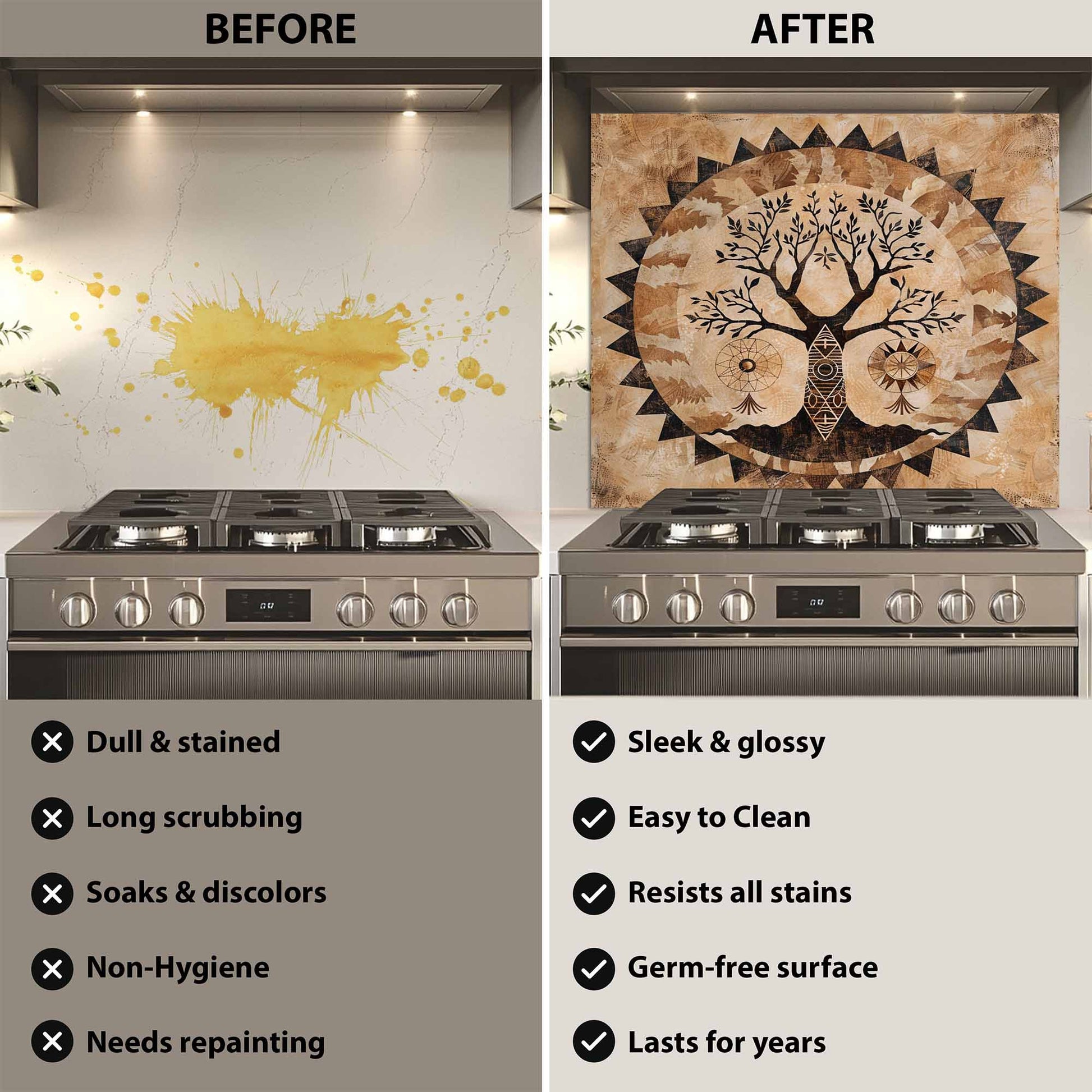 Before and after comparison of a kitchen stove with a decorative backsplash.