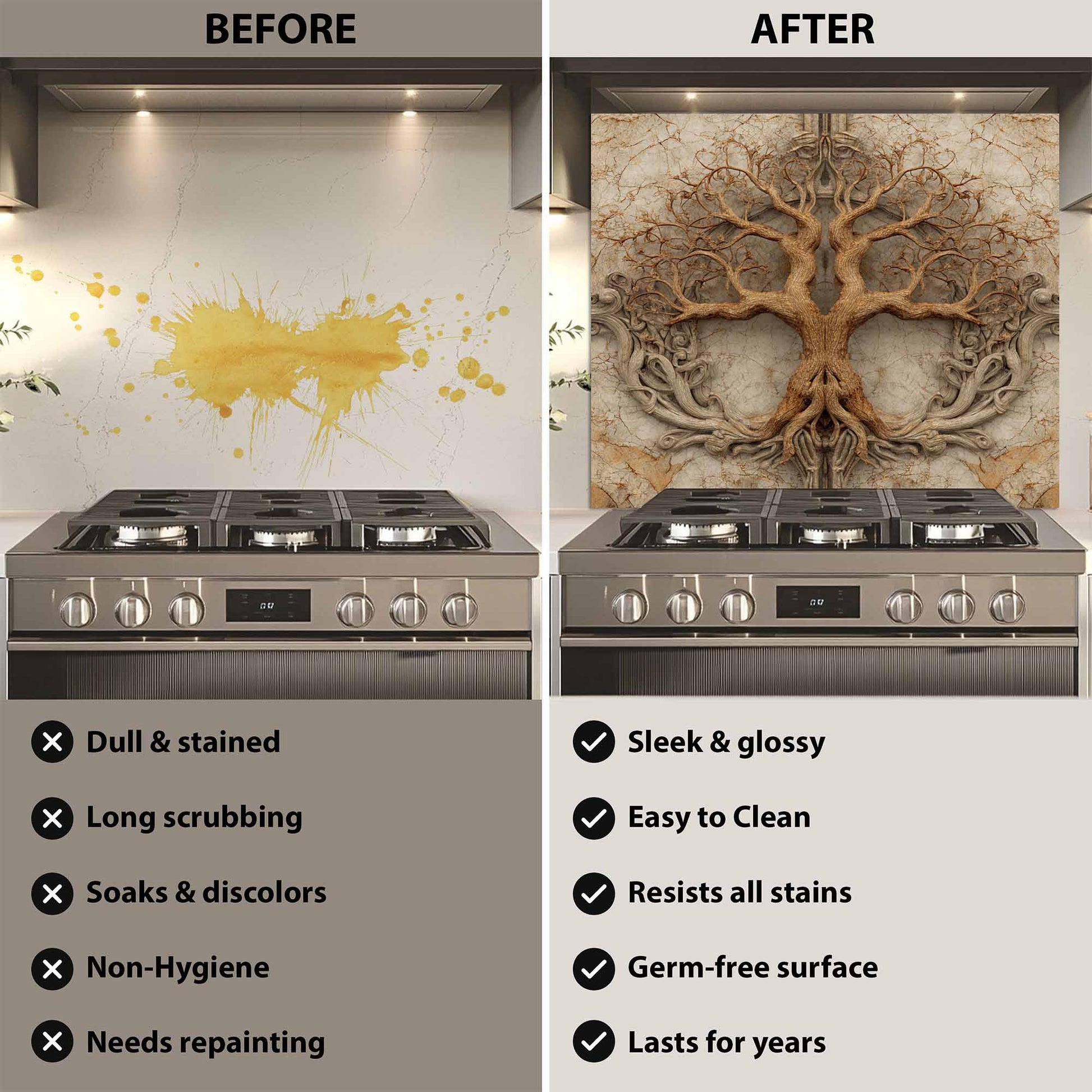 Before and after comparison of a kitchen stove with a decorative backsplash.