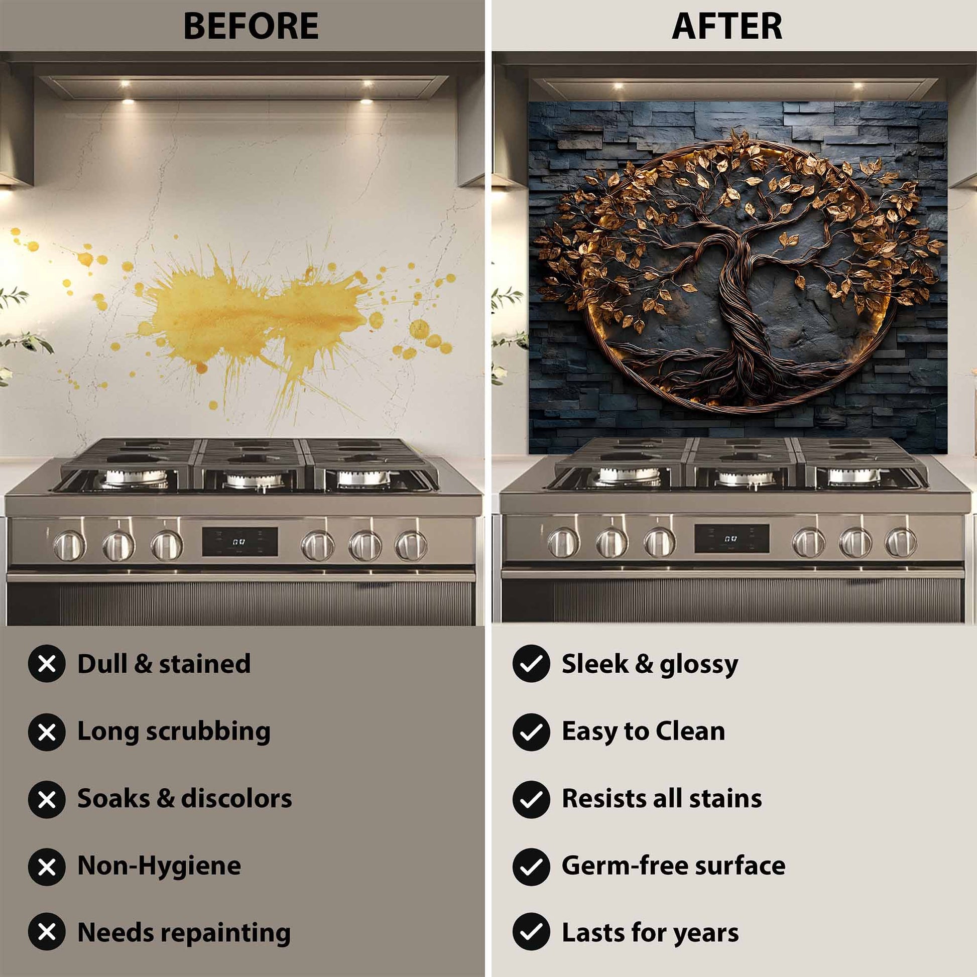 Before and after comparison of a kitchen wall with a decorative backsplash.