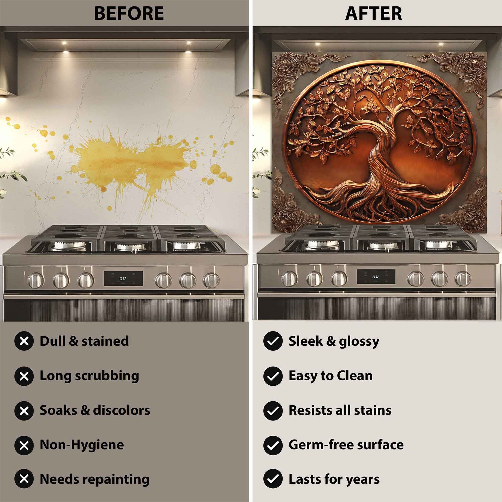 Before and after comparison of a kitchen backsplash with a decorative wall art installation.