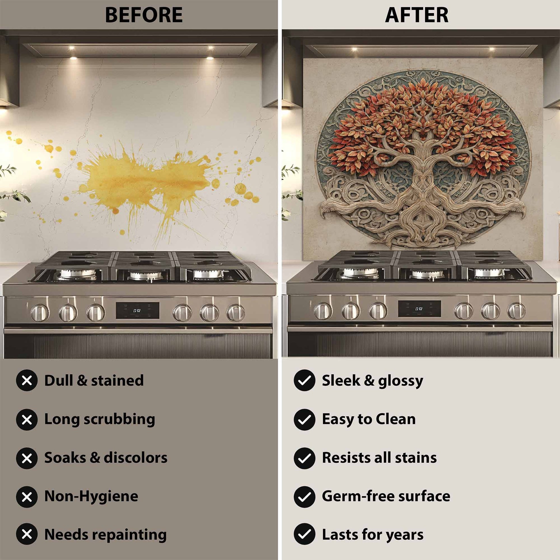 Before and after comparison of a kitchen stove with a decorative backsplash.